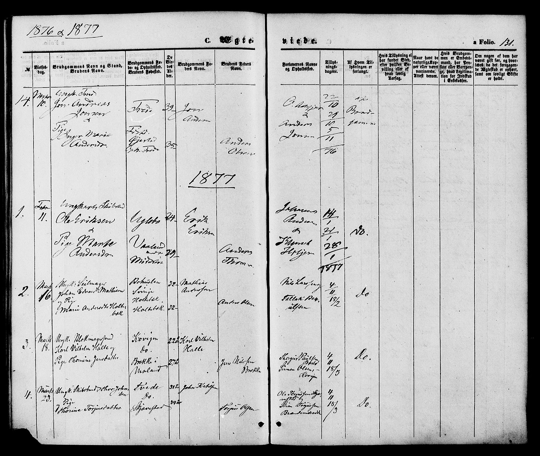 Austre Moland sokneprestkontor, SAK/1111-0001/F/Fa/Faa/L0009: Parish register (official) no. A 9, 1869-1879, p. 131