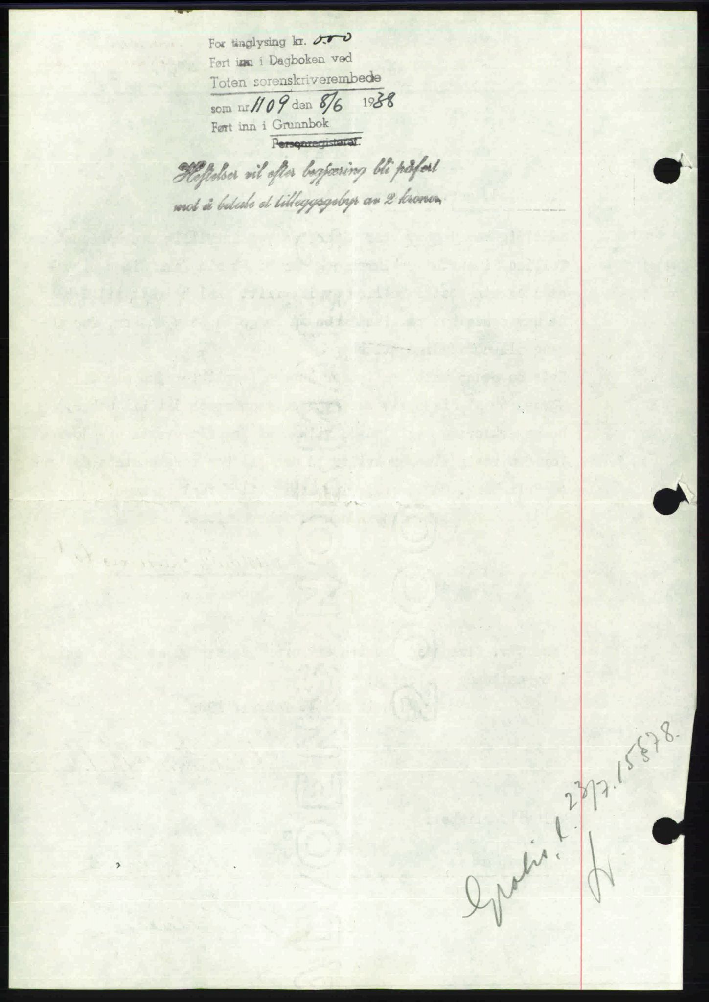 Toten tingrett, SAH/TING-006/H/Hb/Hbc/L0004: Mortgage book no. Hbc-04, 1938-1938, Diary no: : 1109/1938