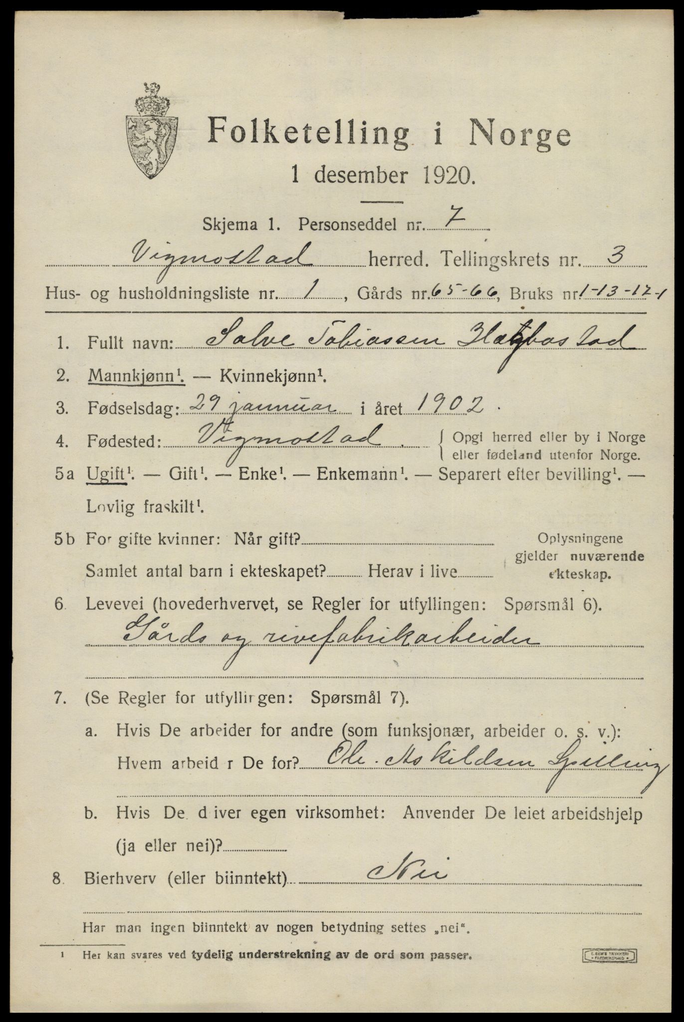 SAK, 1920 census for Vigmostad, 1920, p. 827