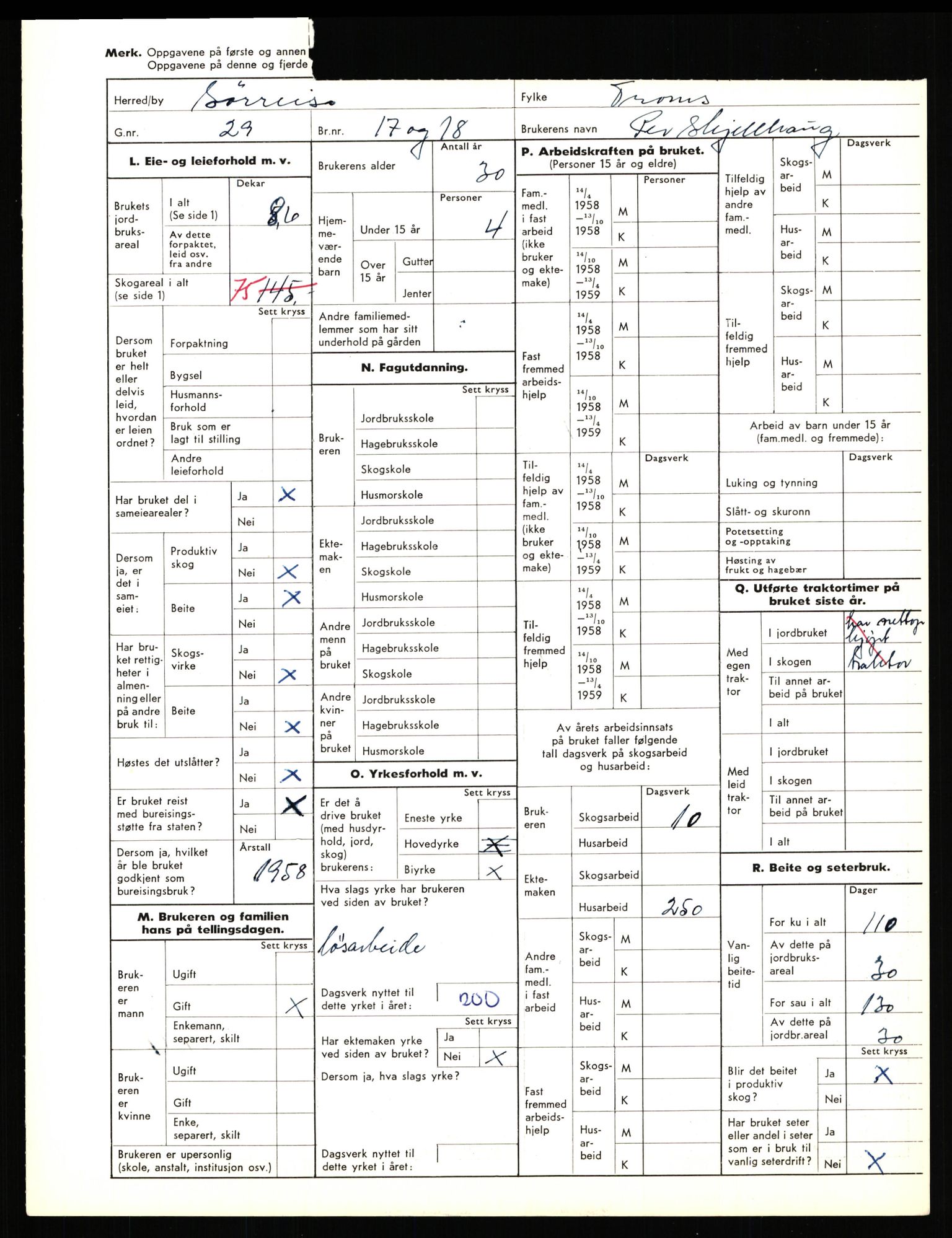 Statistisk sentralbyrå, Næringsøkonomiske emner, Jordbruk, skogbruk, jakt, fiske og fangst, AV/RA-S-2234/G/Gd/L0656: Troms: 1924 Målselv (kl. 0-3) og 1925 Sørreisa, 1959, p. 1375