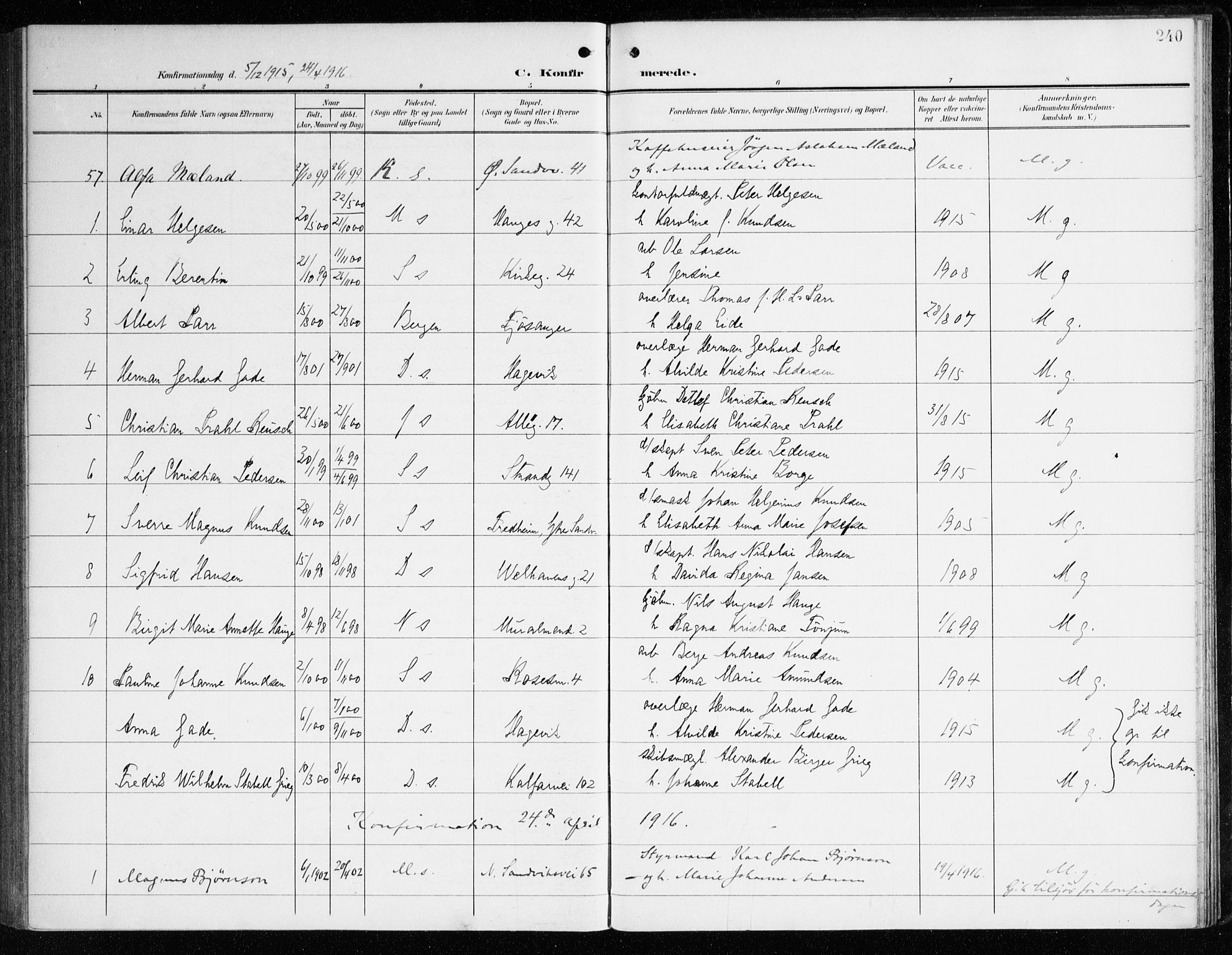 Sandviken Sokneprestembete, AV/SAB-A-77601/H/Ha/L0011: Parish register (official) no. C 2, 1905-1918, p. 240