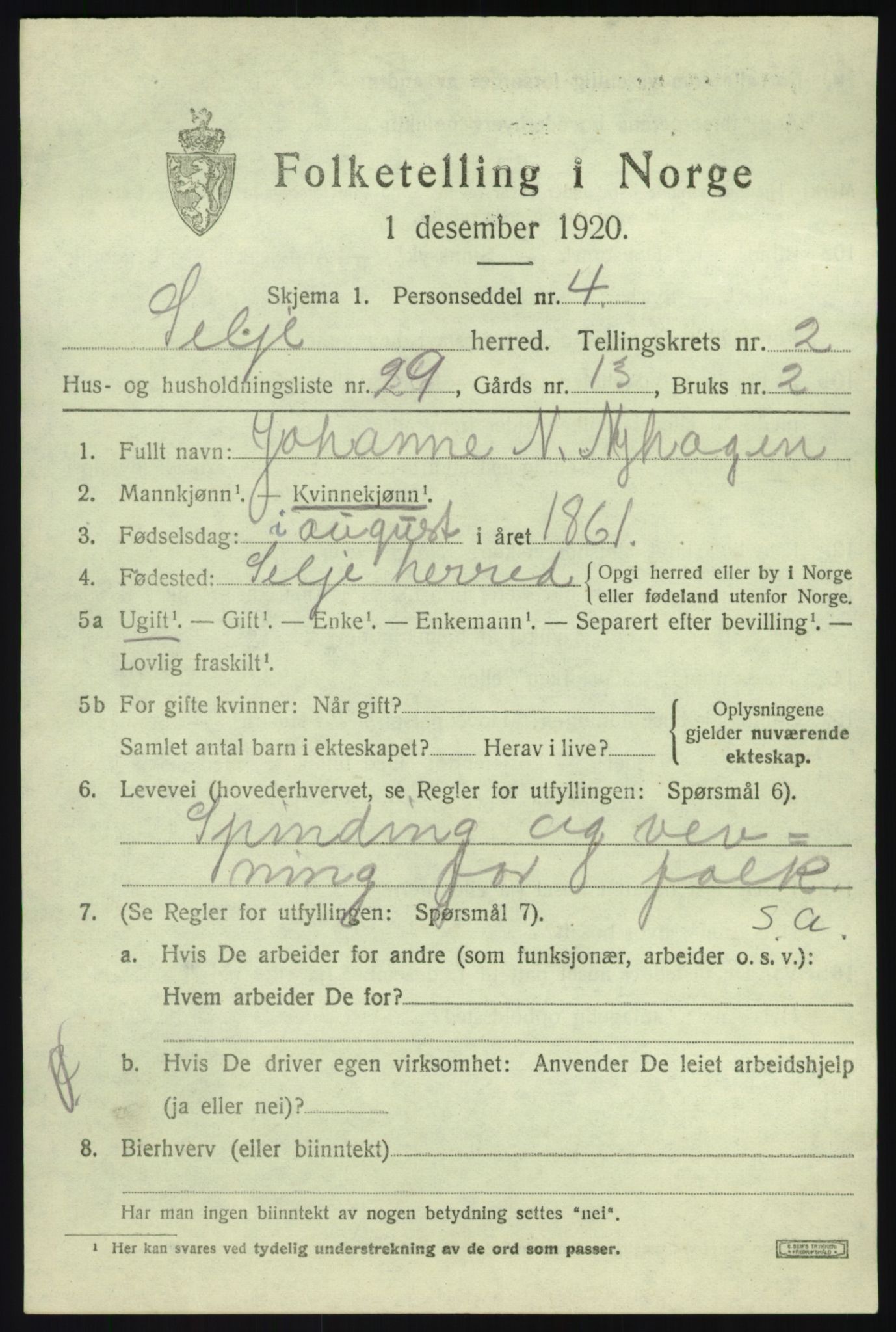 SAB, 1920 census for Selje, 1920, p. 1875