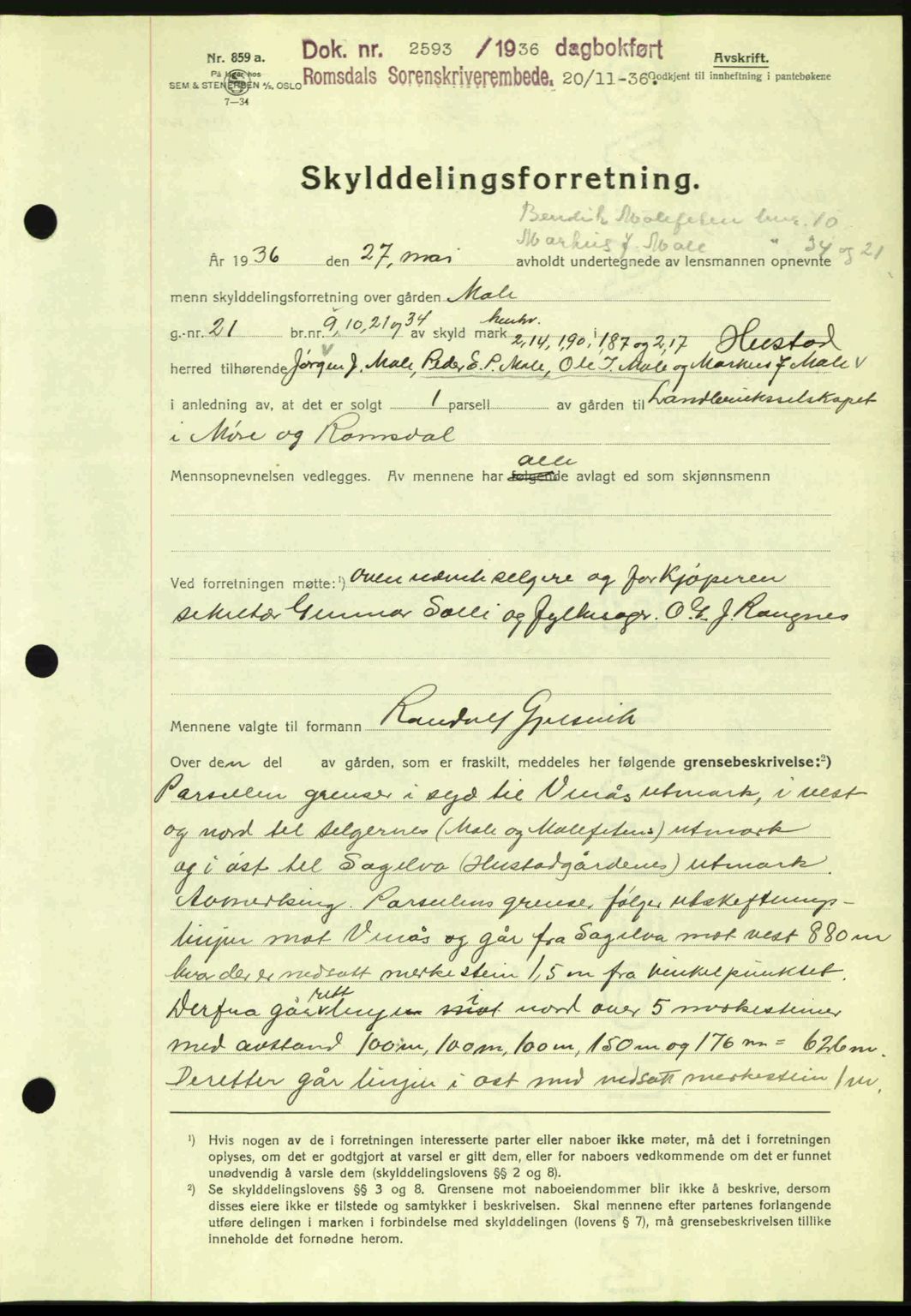 Romsdal sorenskriveri, SAT/A-4149/1/2/2C: Mortgage book no. A2, 1936-1937, Diary no: : 2593/1936