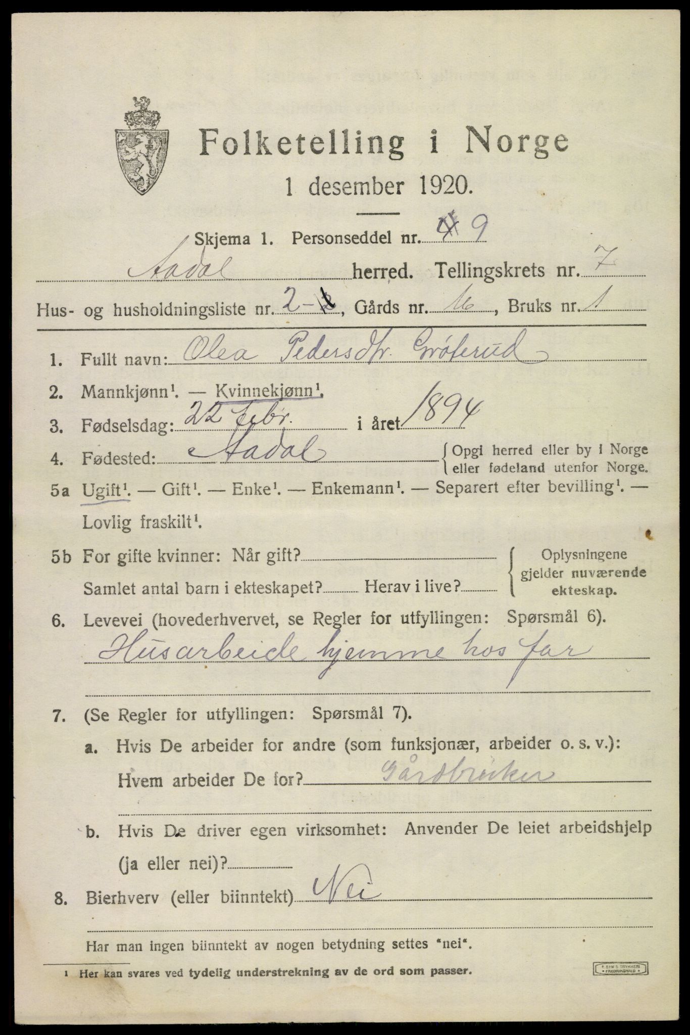 SAKO, 1920 census for Ådal, 1920, p. 5020