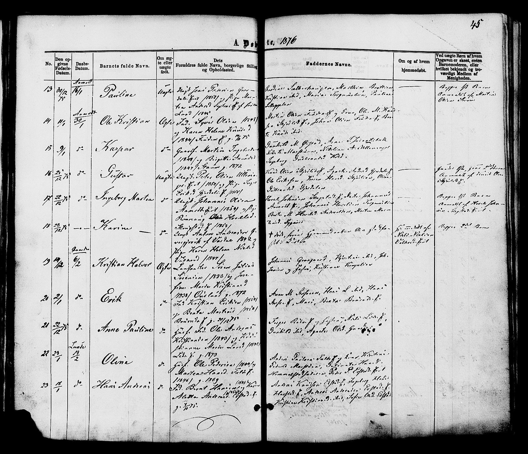 Nordre Land prestekontor, AV/SAH-PREST-124/H/Ha/Haa/L0002: Parish register (official) no. 2, 1872-1881, p. 45