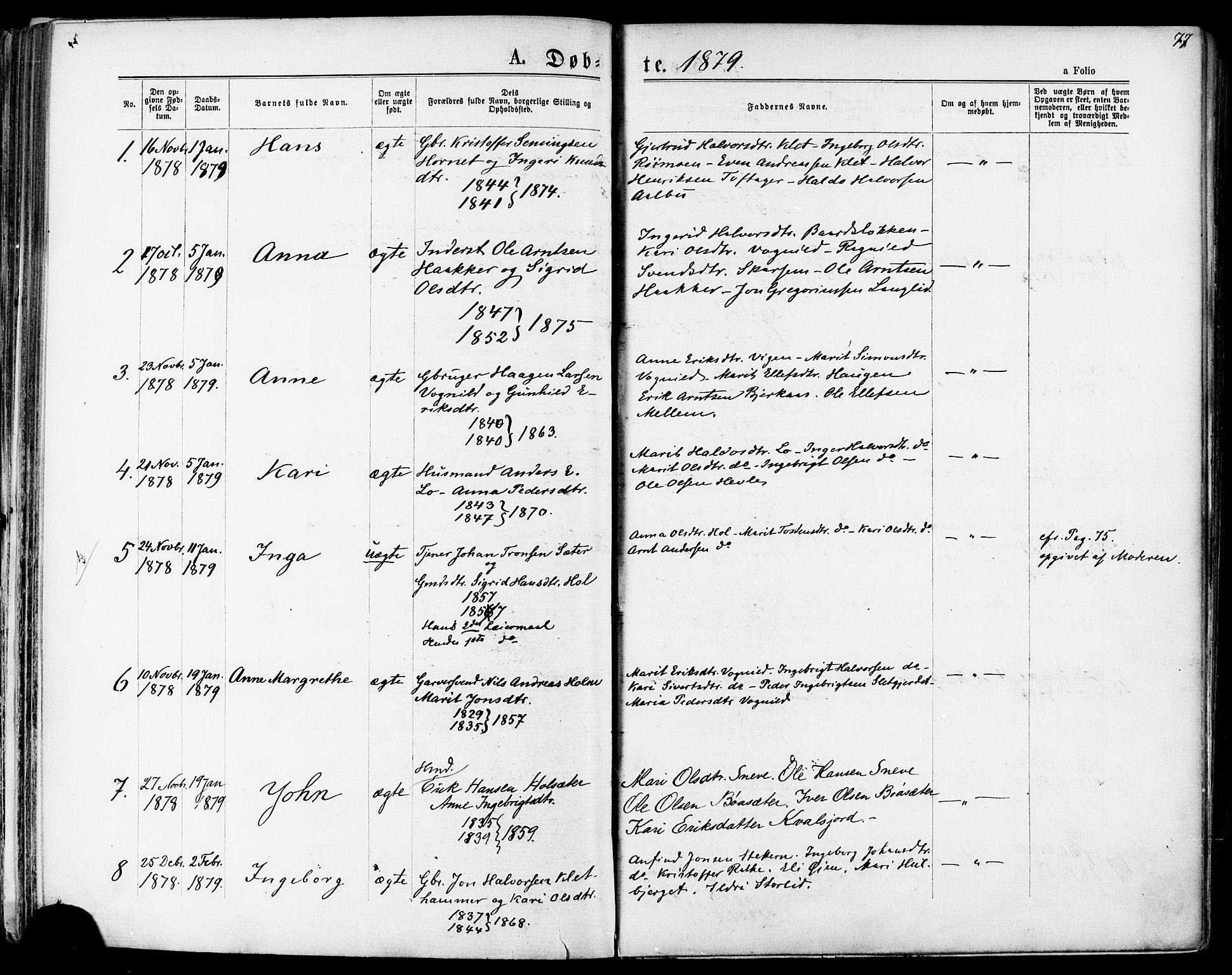 Ministerialprotokoller, klokkerbøker og fødselsregistre - Sør-Trøndelag, SAT/A-1456/678/L0900: Parish register (official) no. 678A09, 1872-1881, p. 77