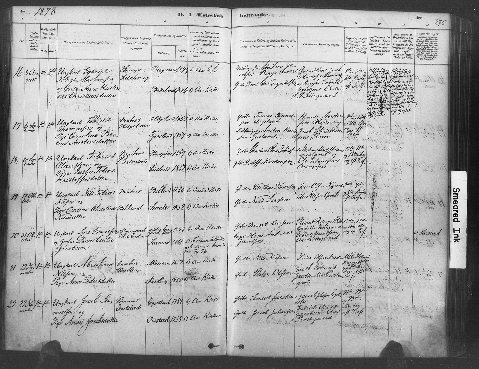 Lyngdal sokneprestkontor, AV/SAK-1111-0029/F/Fa/Fac/L0011: Parish register (official) no. A 11, 1878-1893, p. 275