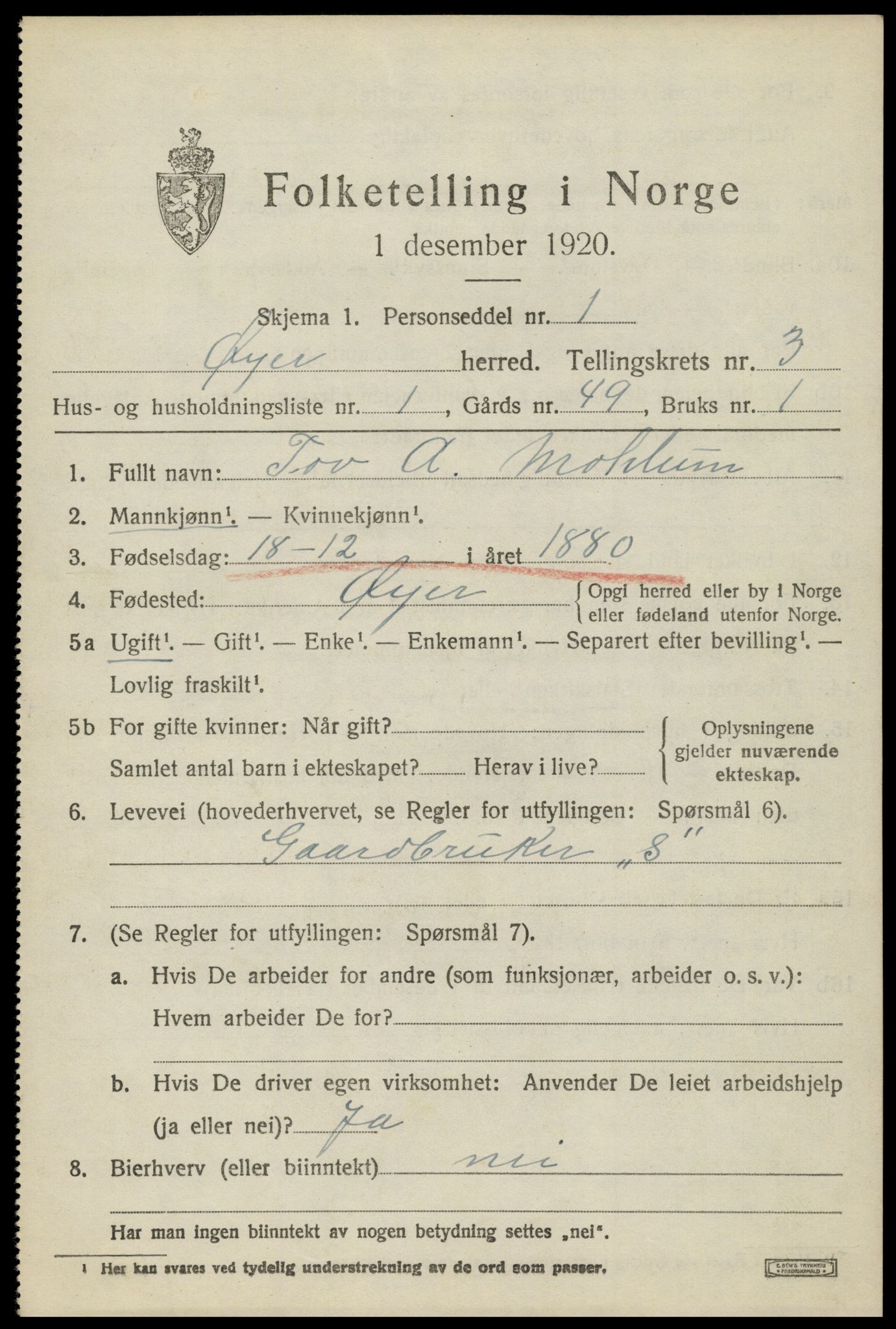 SAH, 1920 census for Øyer, 1920, p. 3283