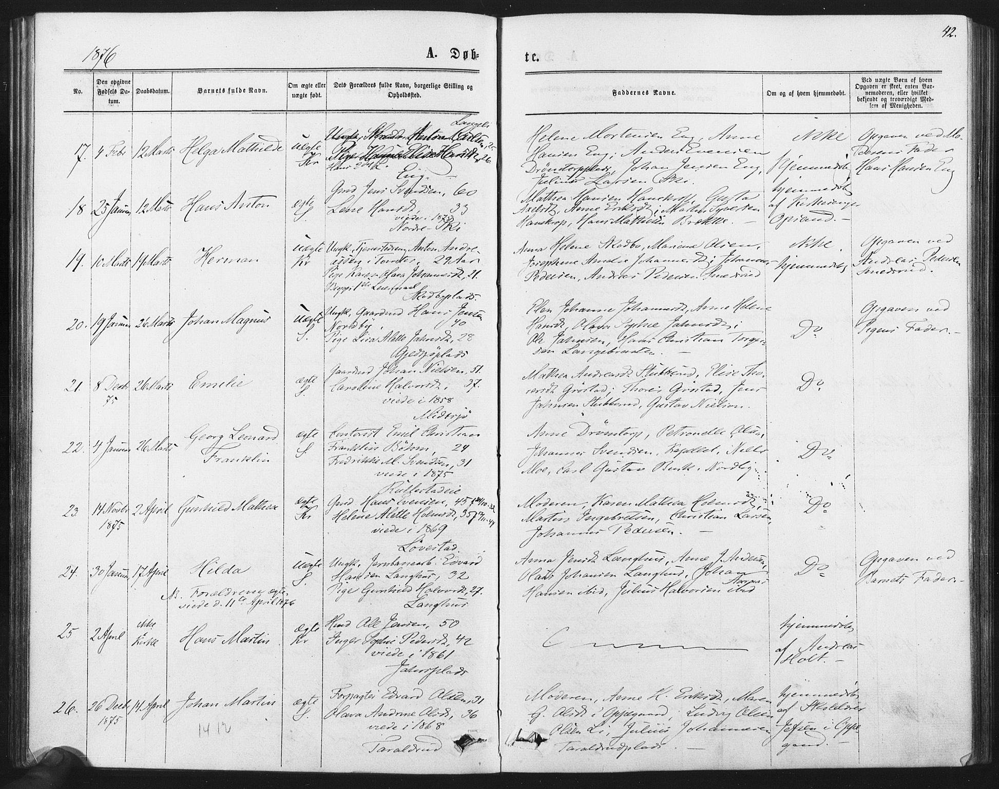 Kråkstad prestekontor Kirkebøker, AV/SAO-A-10125a/F/Fa/L0008: Parish register (official) no. I 8, 1870-1879, p. 42