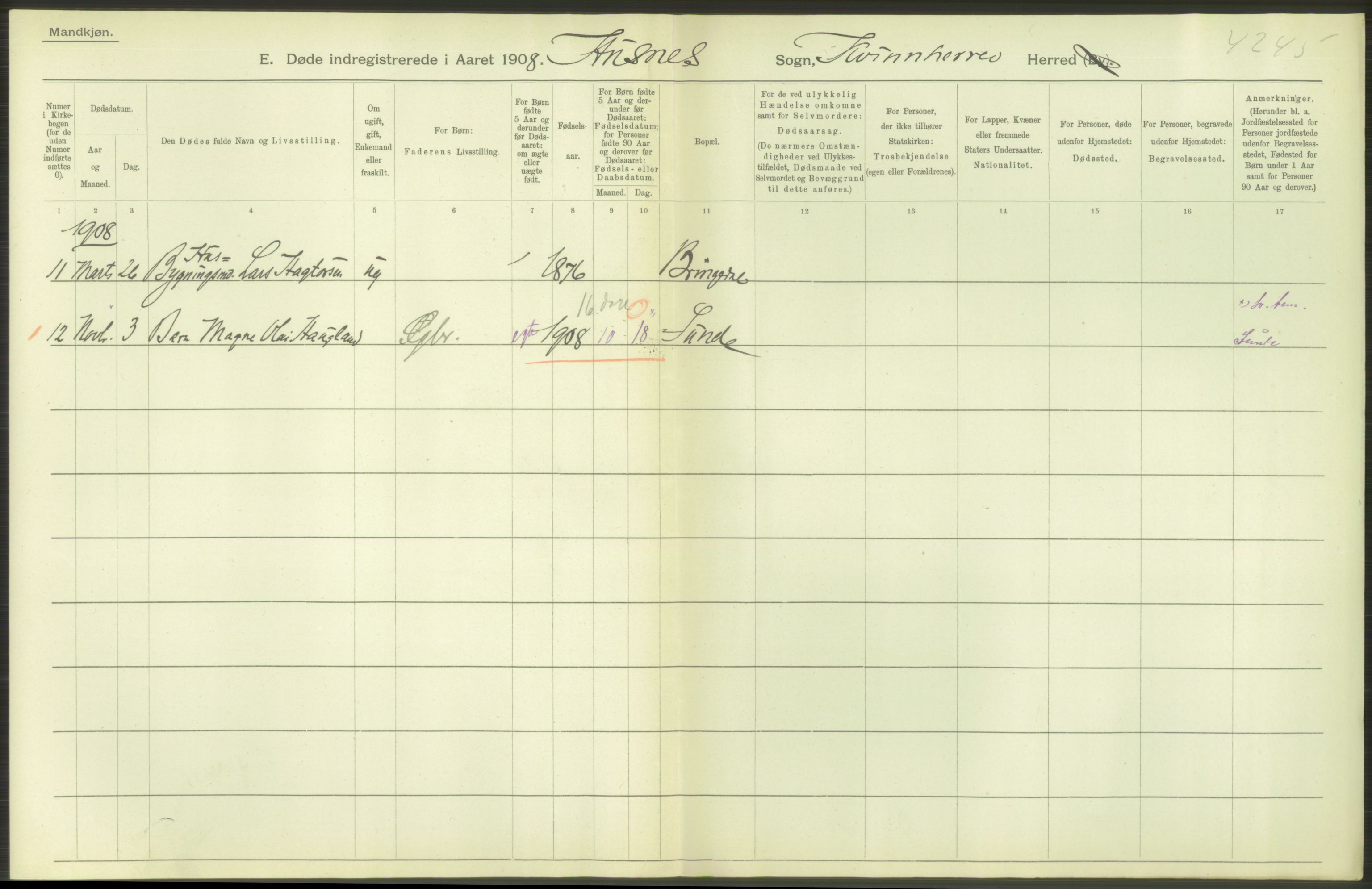 Statistisk sentralbyrå, Sosiodemografiske emner, Befolkning, AV/RA-S-2228/D/Df/Dfa/Dfaf/L0029: S. Bergenhus amt: Døde. Bygder., 1908, p. 22