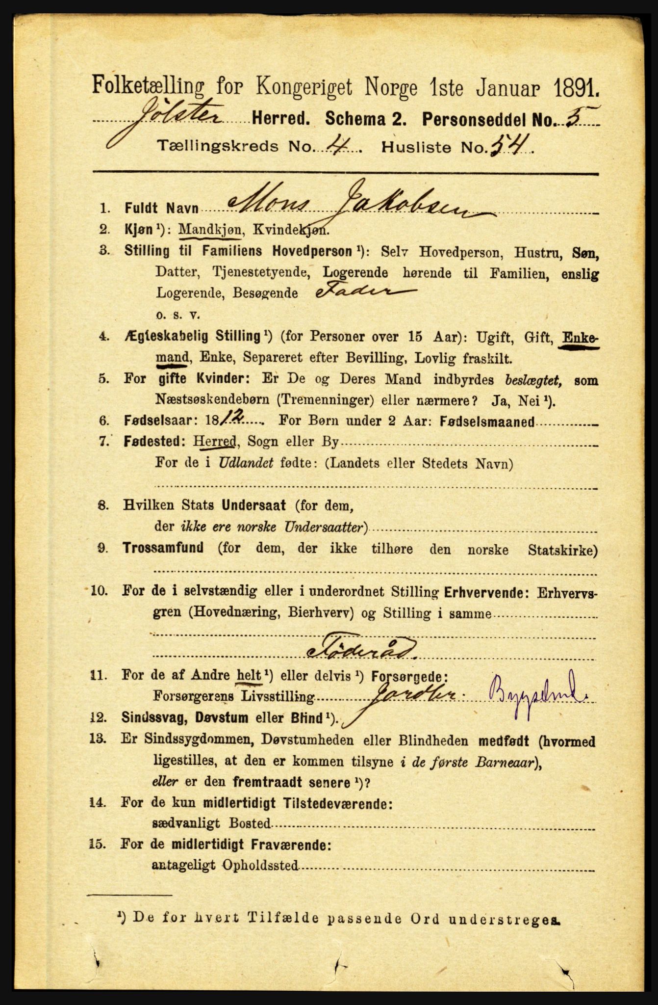 RA, 1891 census for 1431 Jølster, 1891, p. 1712