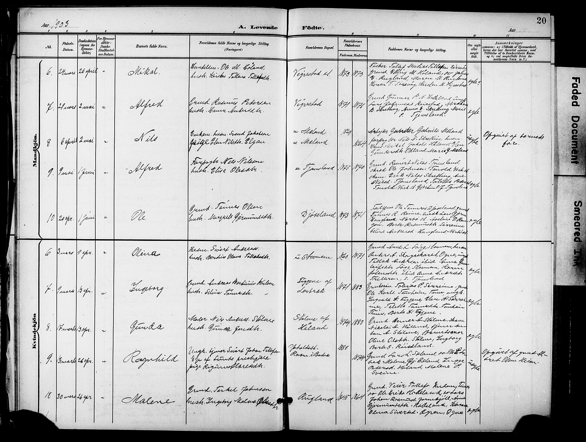 Hå sokneprestkontor, AV/SAST-A-101801/001/30BB/L0006: Parish register (copy) no. B 6, 1900-1924, p. 20