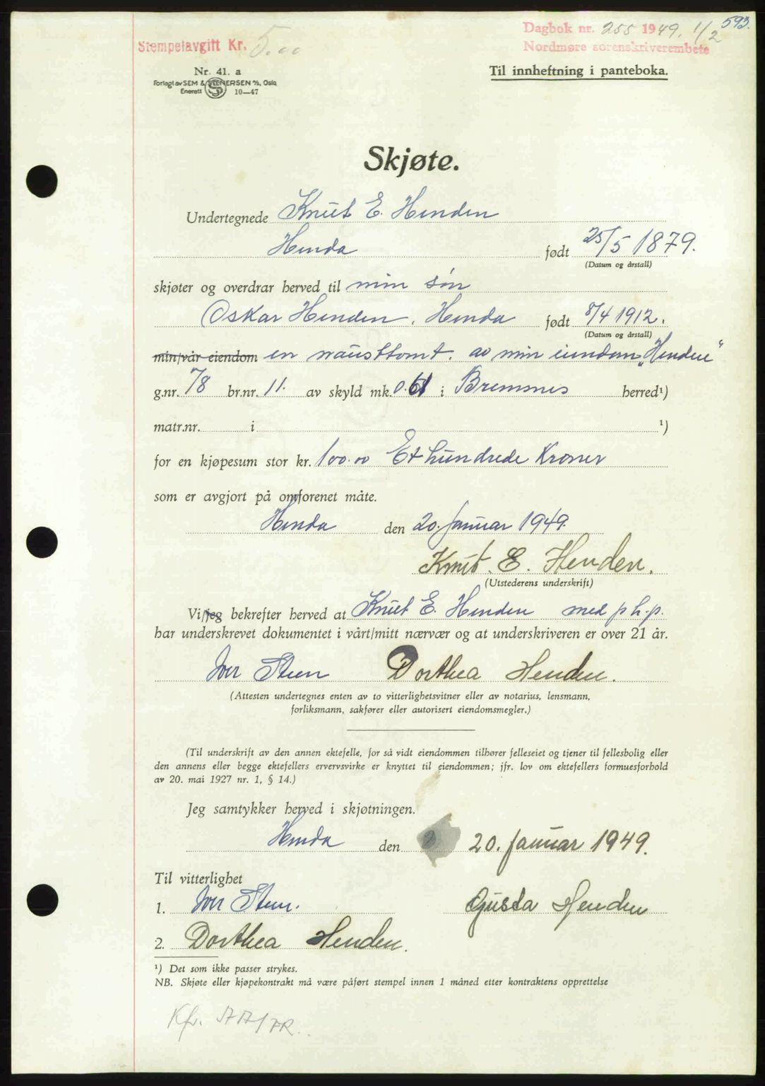 Nordmøre sorenskriveri, AV/SAT-A-4132/1/2/2Ca: Mortgage book no. A110, 1948-1949, Diary no: : 255/1949