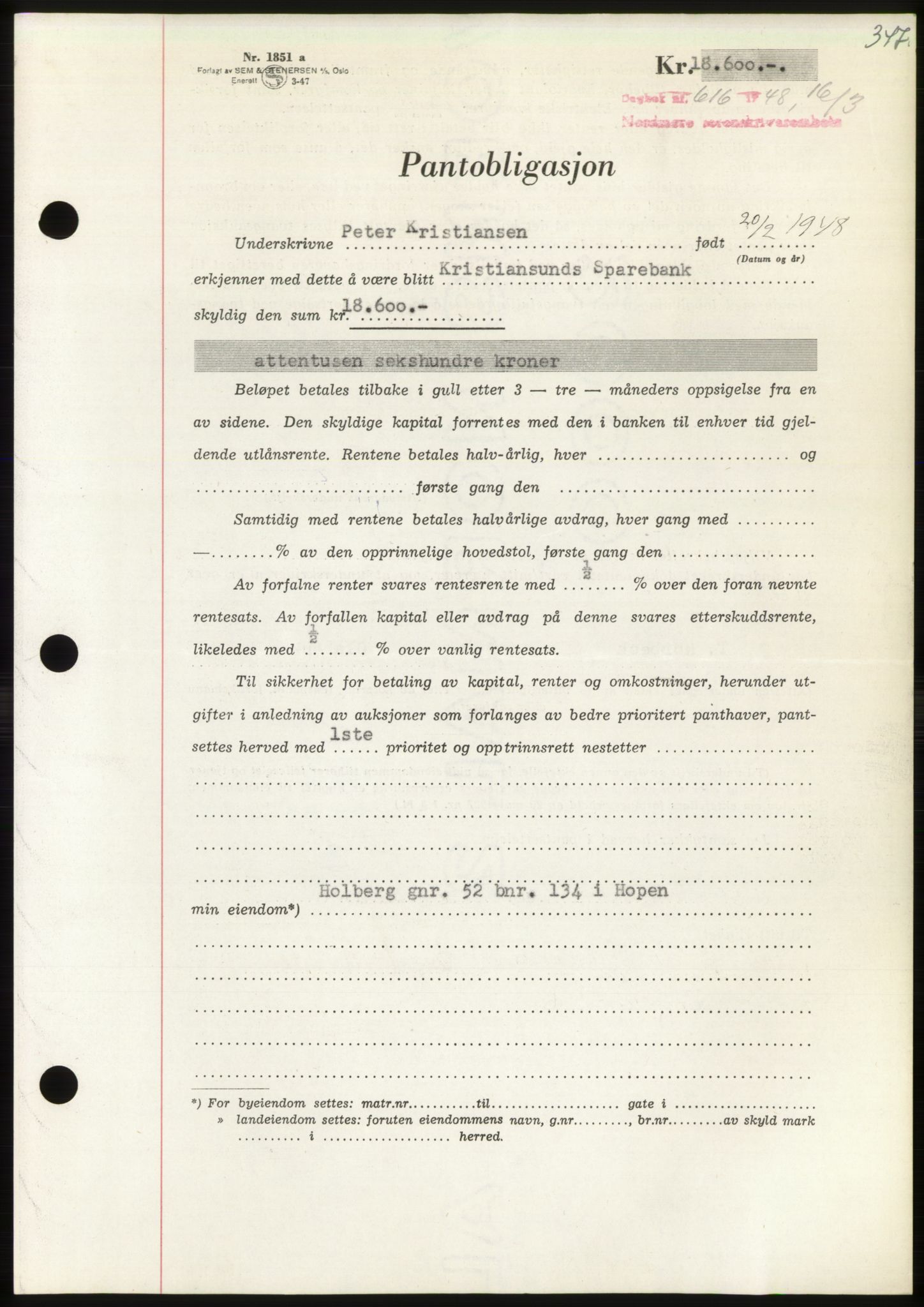 Nordmøre sorenskriveri, AV/SAT-A-4132/1/2/2Ca: Mortgage book no. B98, 1948-1948, Diary no: : 616/1948