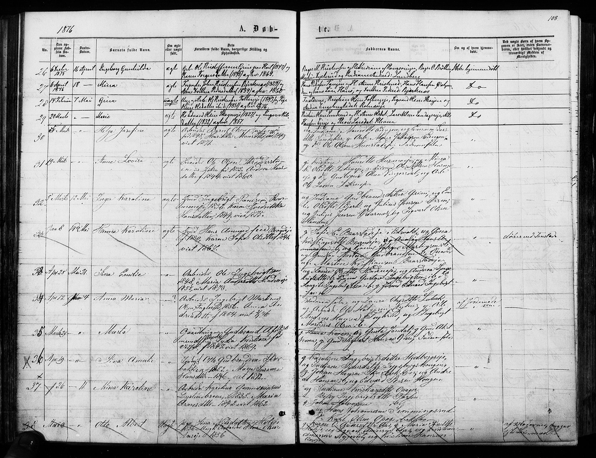 Nes prestekontor Kirkebøker, AV/SAO-A-10410/F/Fa/L0009: Parish register (official) no. I 9, 1875-1882, p. 108