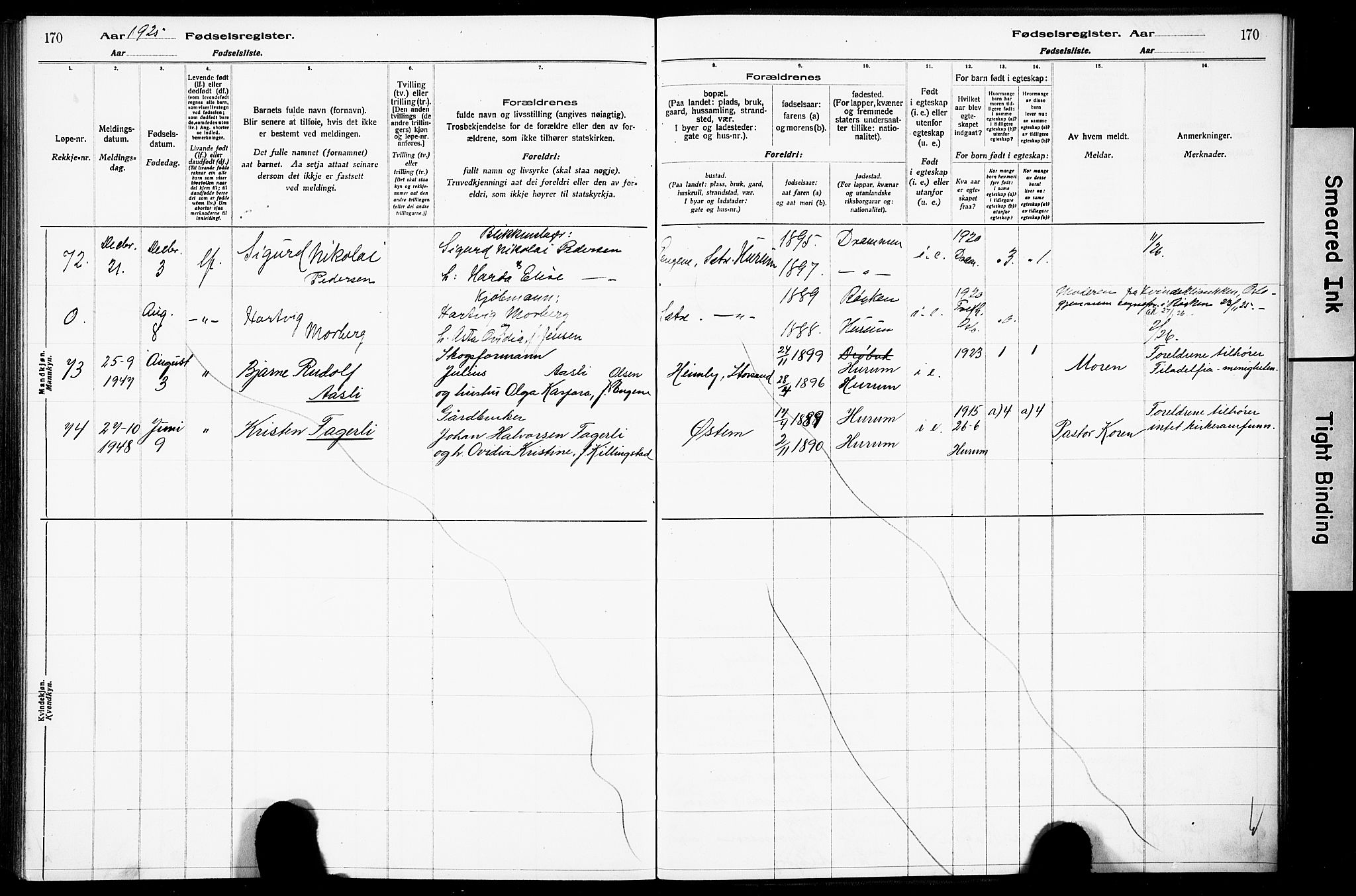 Hurum kirkebøker, AV/SAKO-A-229/J/Ja/L0001: Birth register no. 1, 1916-1928, p. 170