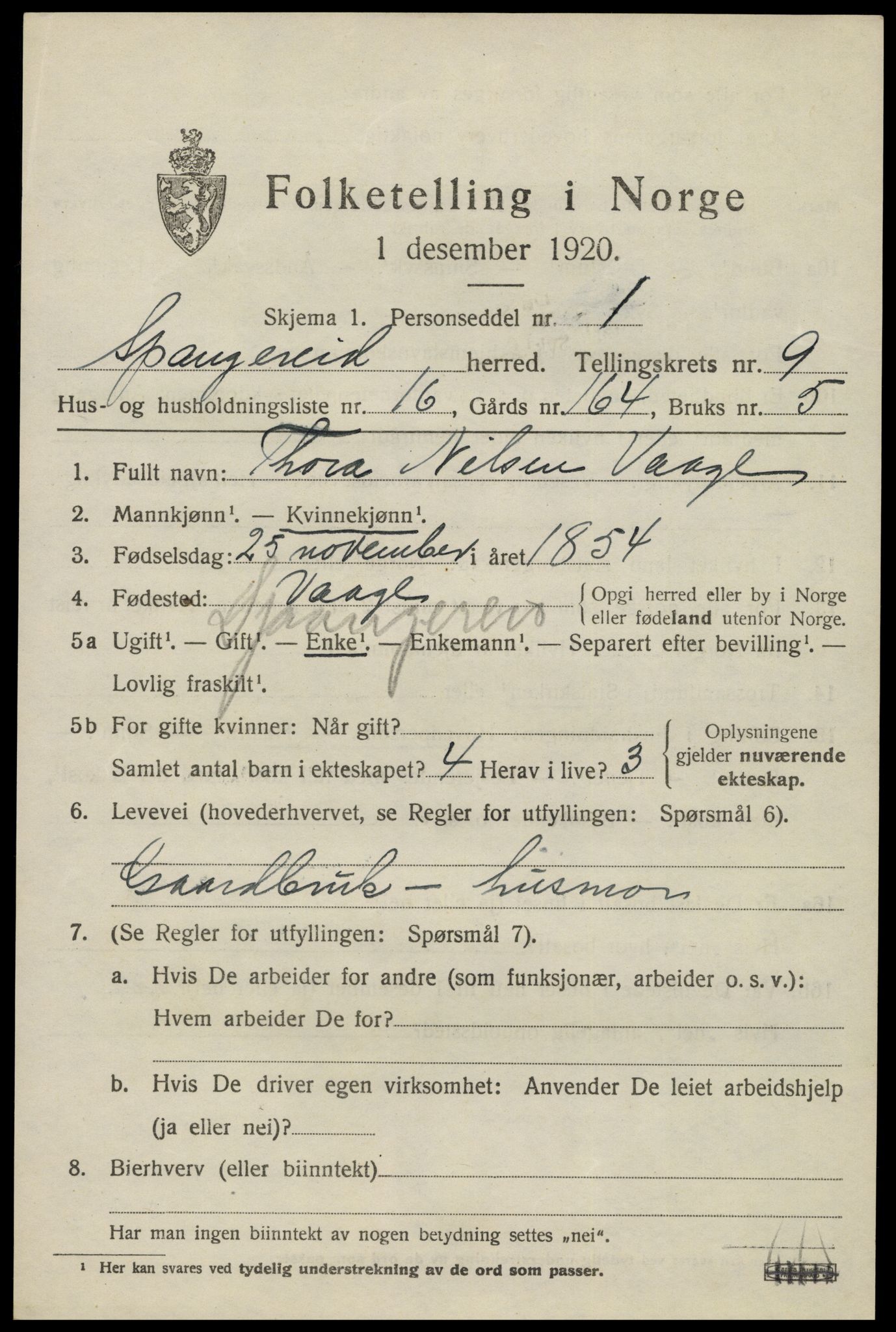 SAK, 1920 census for Spangereid, 1920, p. 3313