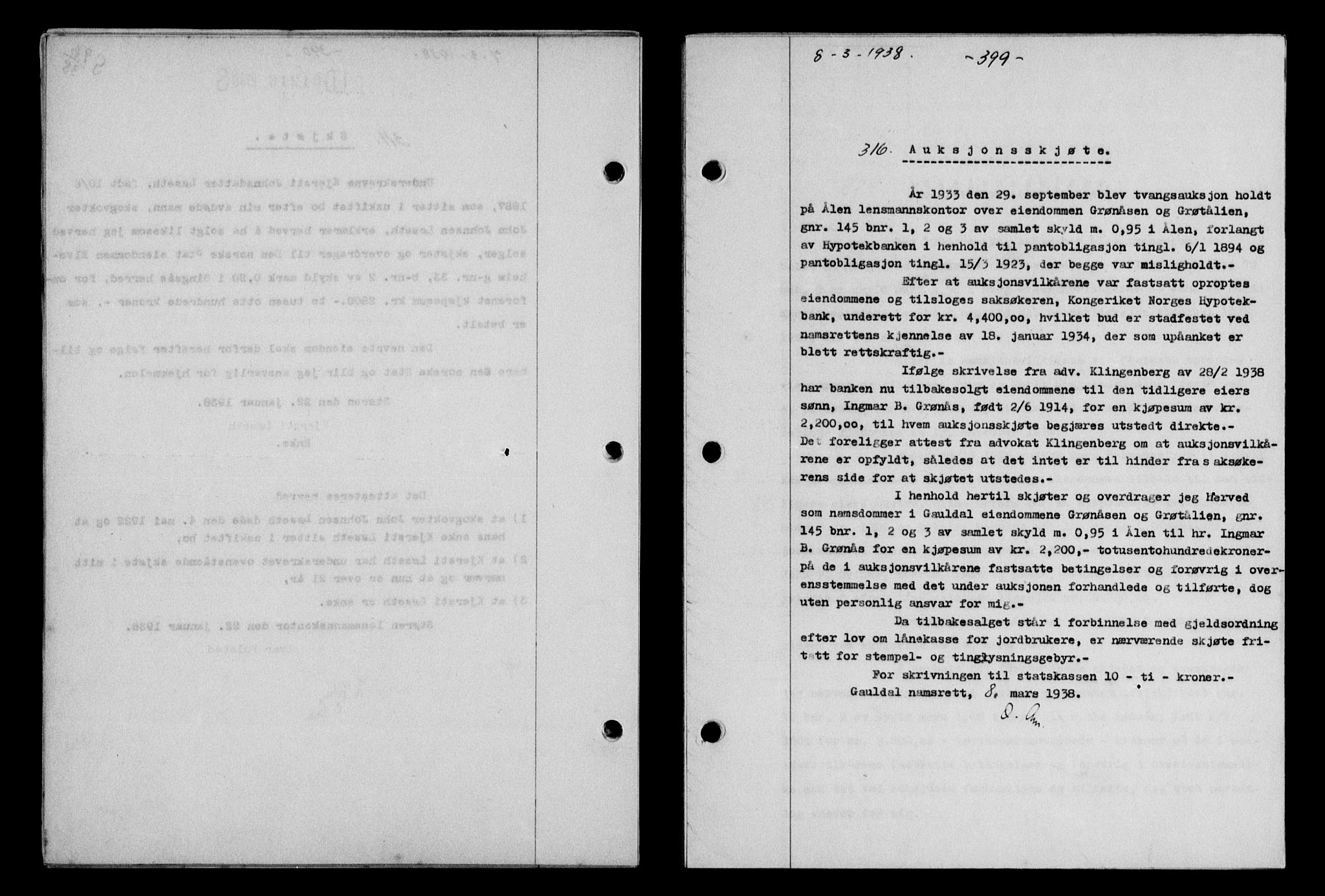 Gauldal sorenskriveri, SAT/A-0014/1/2/2C/L0048: Mortgage book no. 51-52, 1937-1938, p. 399, Diary no: : 316/1938