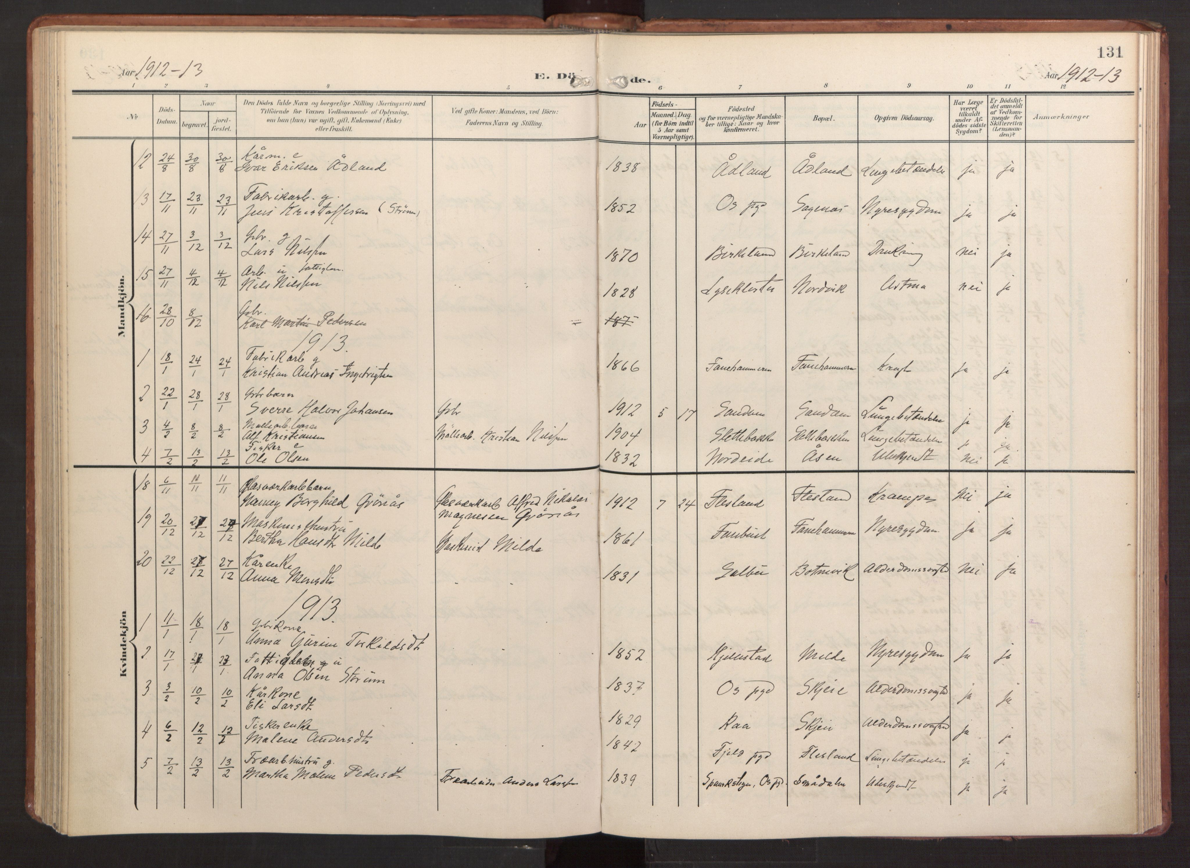 Fana Sokneprestembete, AV/SAB-A-75101/H/Haa/Haab/L0004: Parish register (official) no. B 4, 1908-1915, p. 131