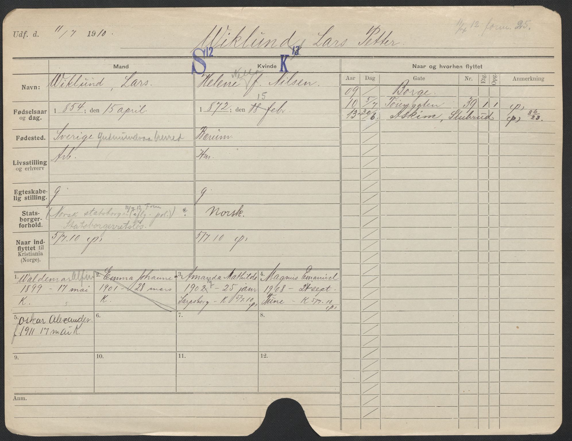 Oslo folkeregister, Registerkort, AV/SAO-A-11715/F/Fa/Fac/L0011: Menn, 1906-1914, p. 835a