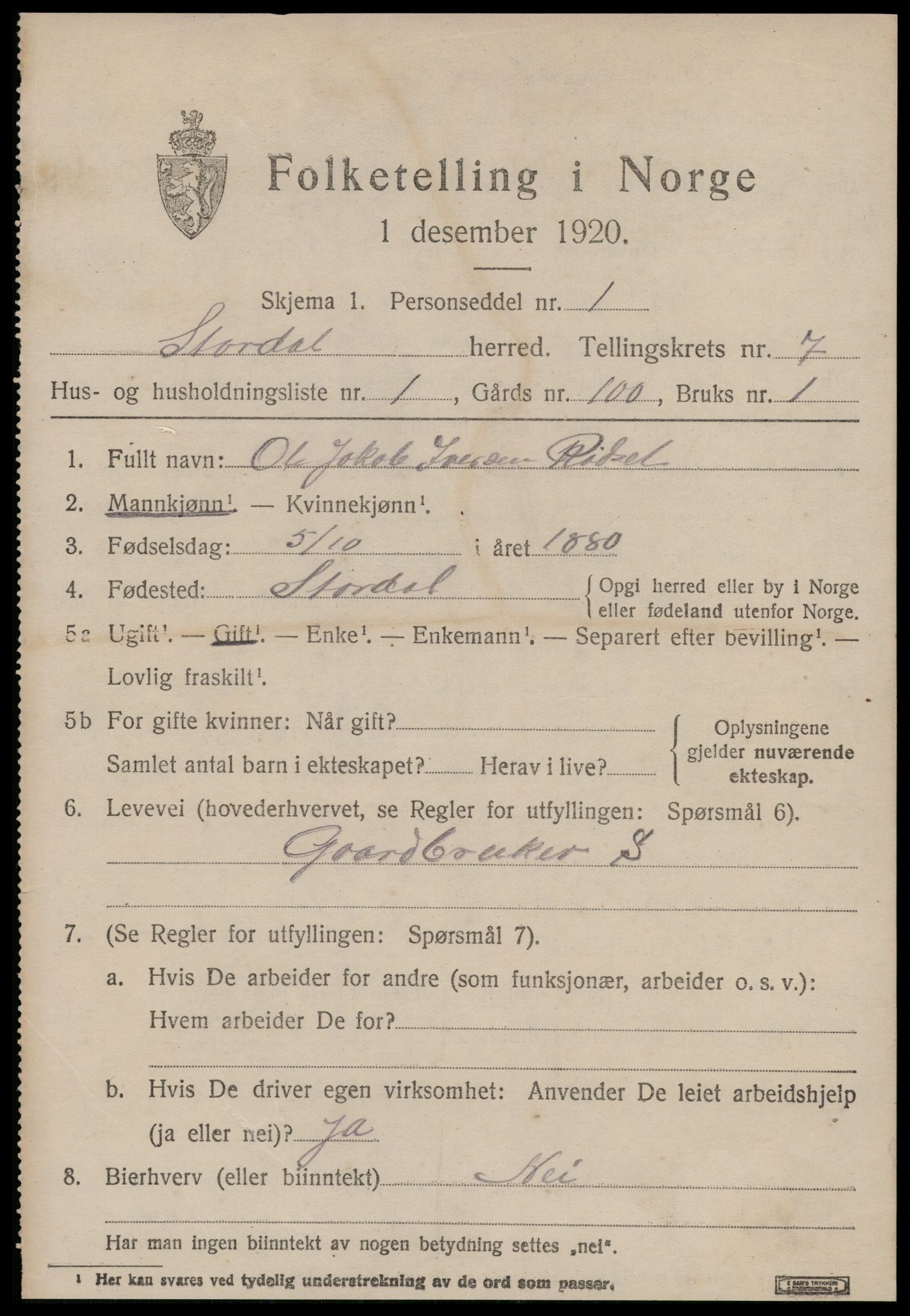 SAT, 1920 census for Stordal, 1920, p. 2086