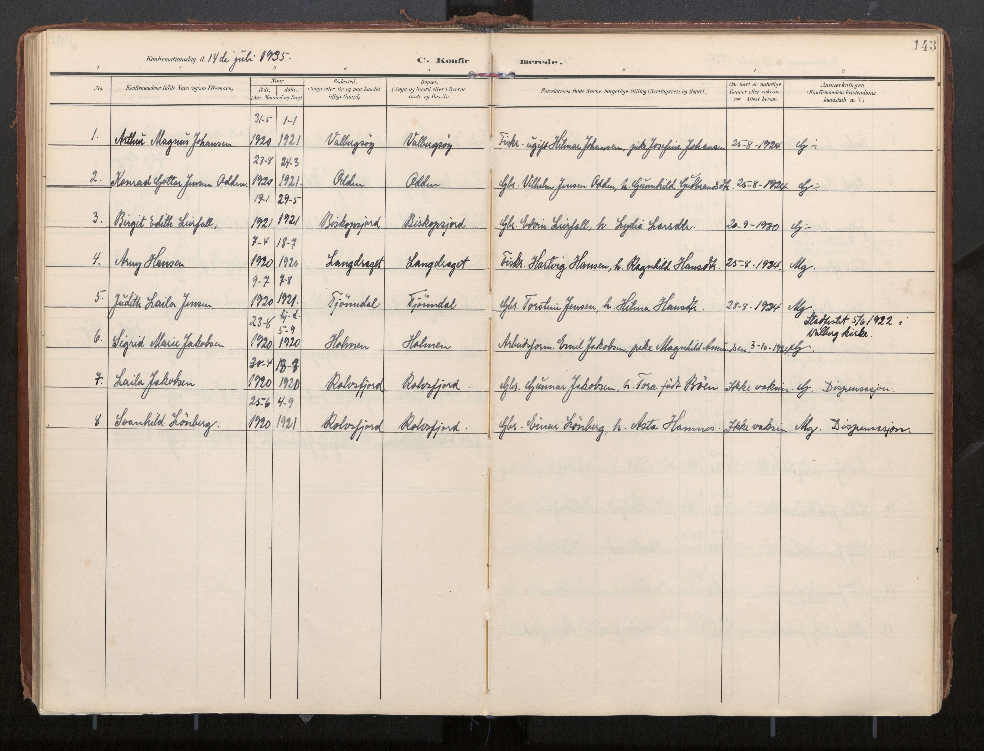 Ministerialprotokoller, klokkerbøker og fødselsregistre - Nordland, SAT/A-1459/884/L1194: Parish register (official) no. 884A02, 1906-1937, p. 143