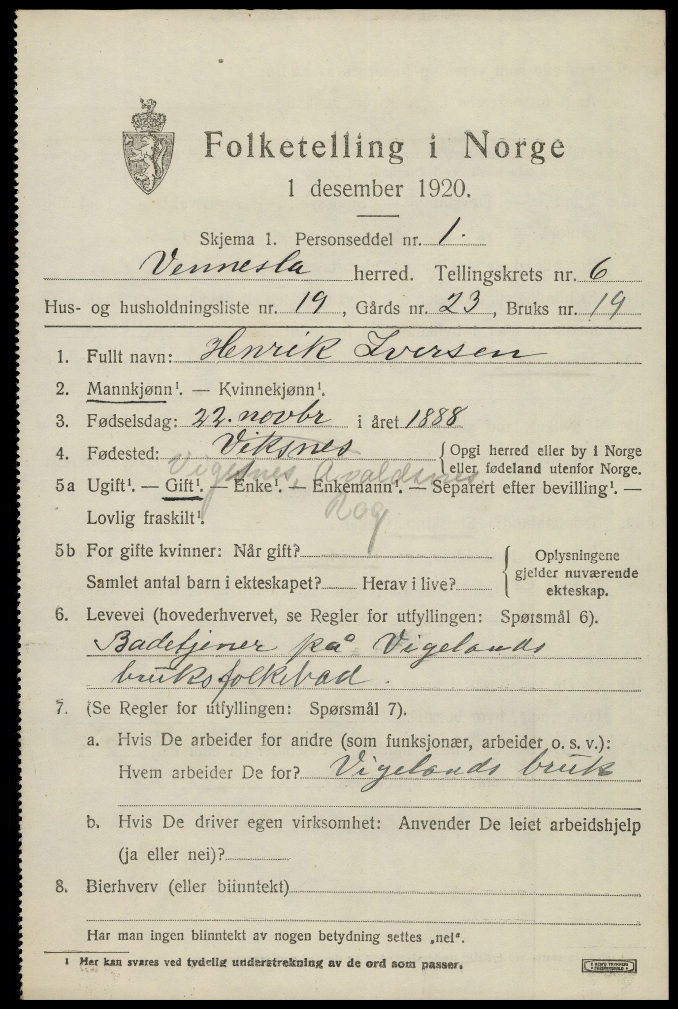 SAK, 1920 census for Vennesla, 1920, p. 4534