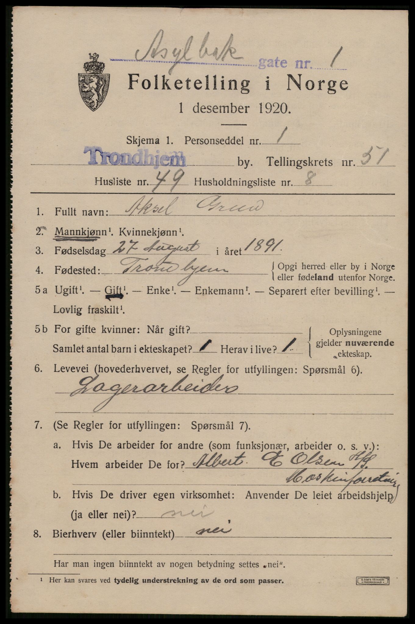 SAT, 1920 census for Trondheim, 1920, p. 106490