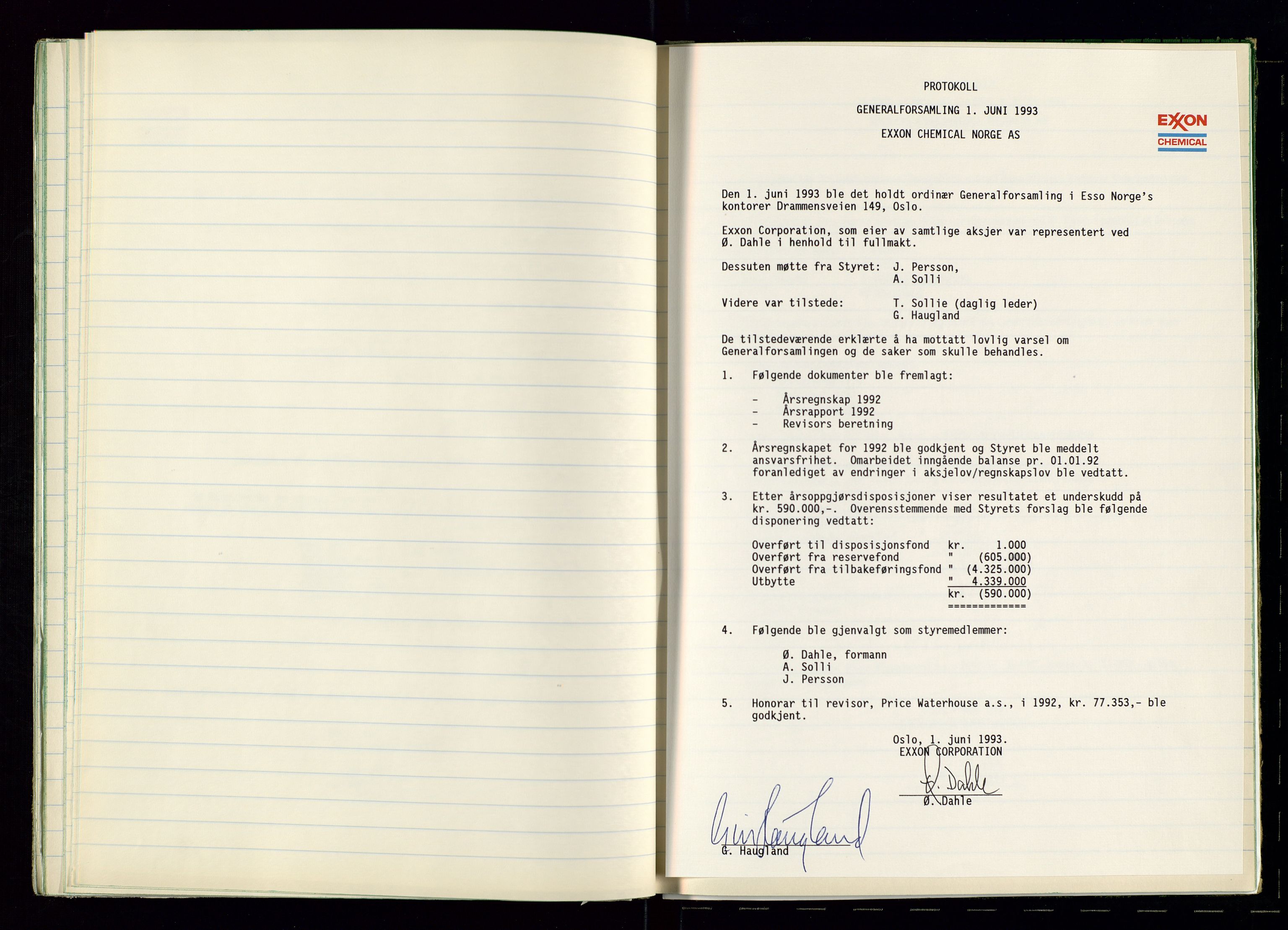 PA 1538 - Exxon Chemical Norge A/S, SAST/A-101958/A/Aa/L0001/0002: Generalforsamlinger og styreprotokoller / Protokoll for generalforsamlinger, 1966-1996