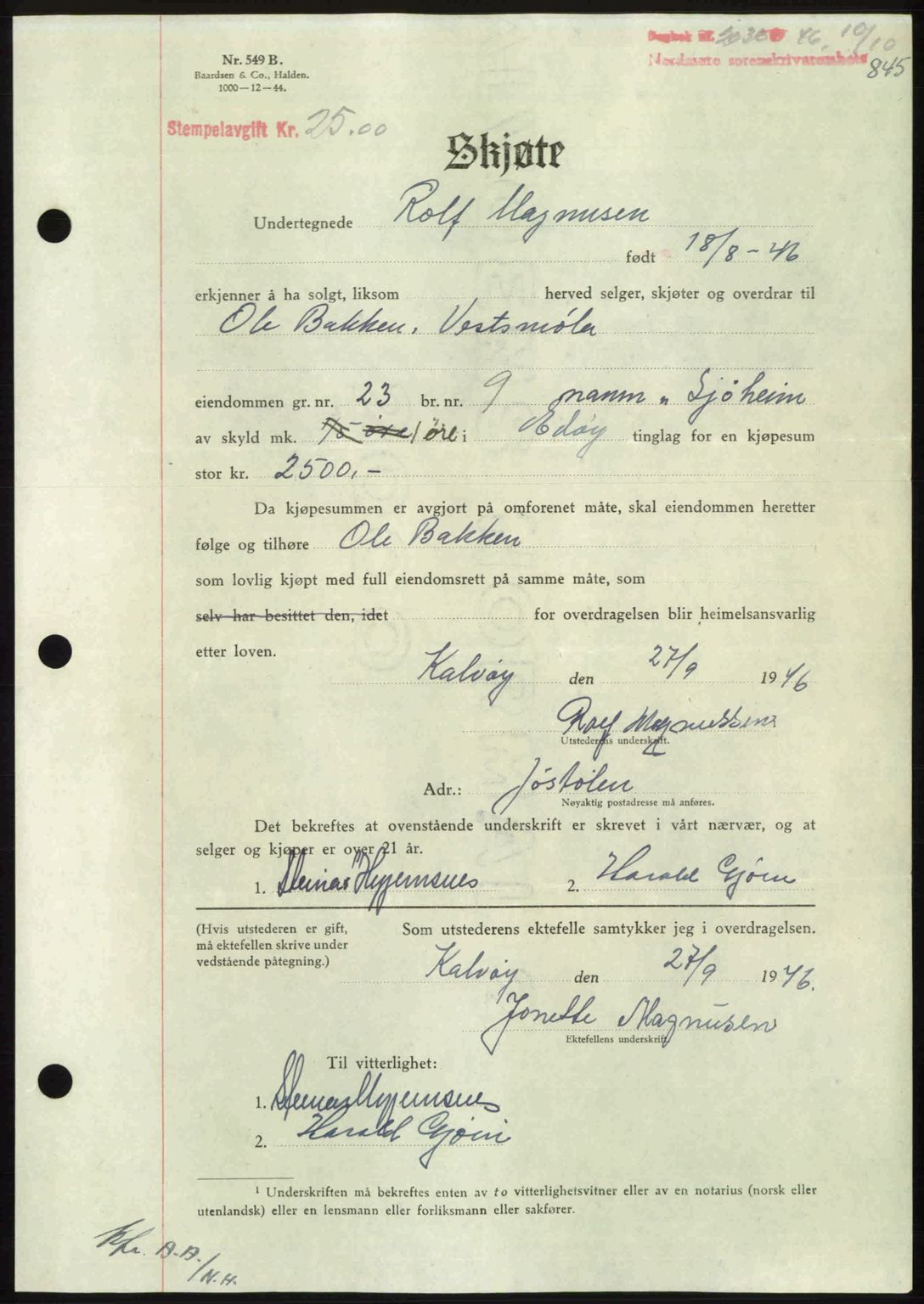 Nordmøre sorenskriveri, AV/SAT-A-4132/1/2/2Ca: Mortgage book no. A102, 1946-1946, Diary no: : 2036/1946