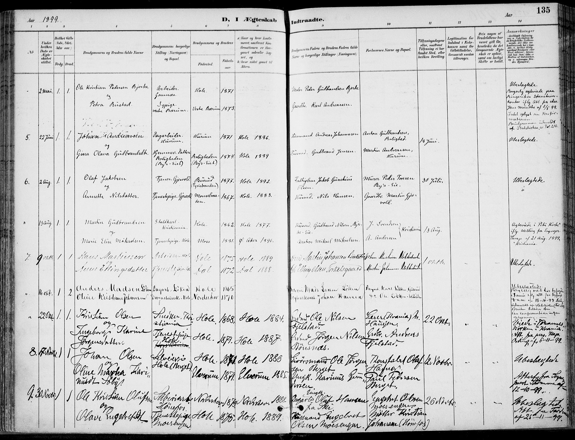 Hole kirkebøker, SAKO/A-228/F/Fa/L0009: Parish register (official) no. I 9, 1892-1907, p. 135