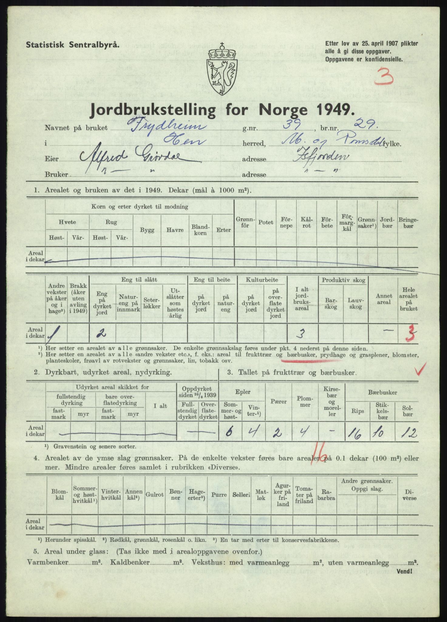 Statistisk sentralbyrå, Næringsøkonomiske emner, Jordbruk, skogbruk, jakt, fiske og fangst, AV/RA-S-2234/G/Gc/L0323: Møre og Romsdal: Grytten og Hen, 1949, p. 489