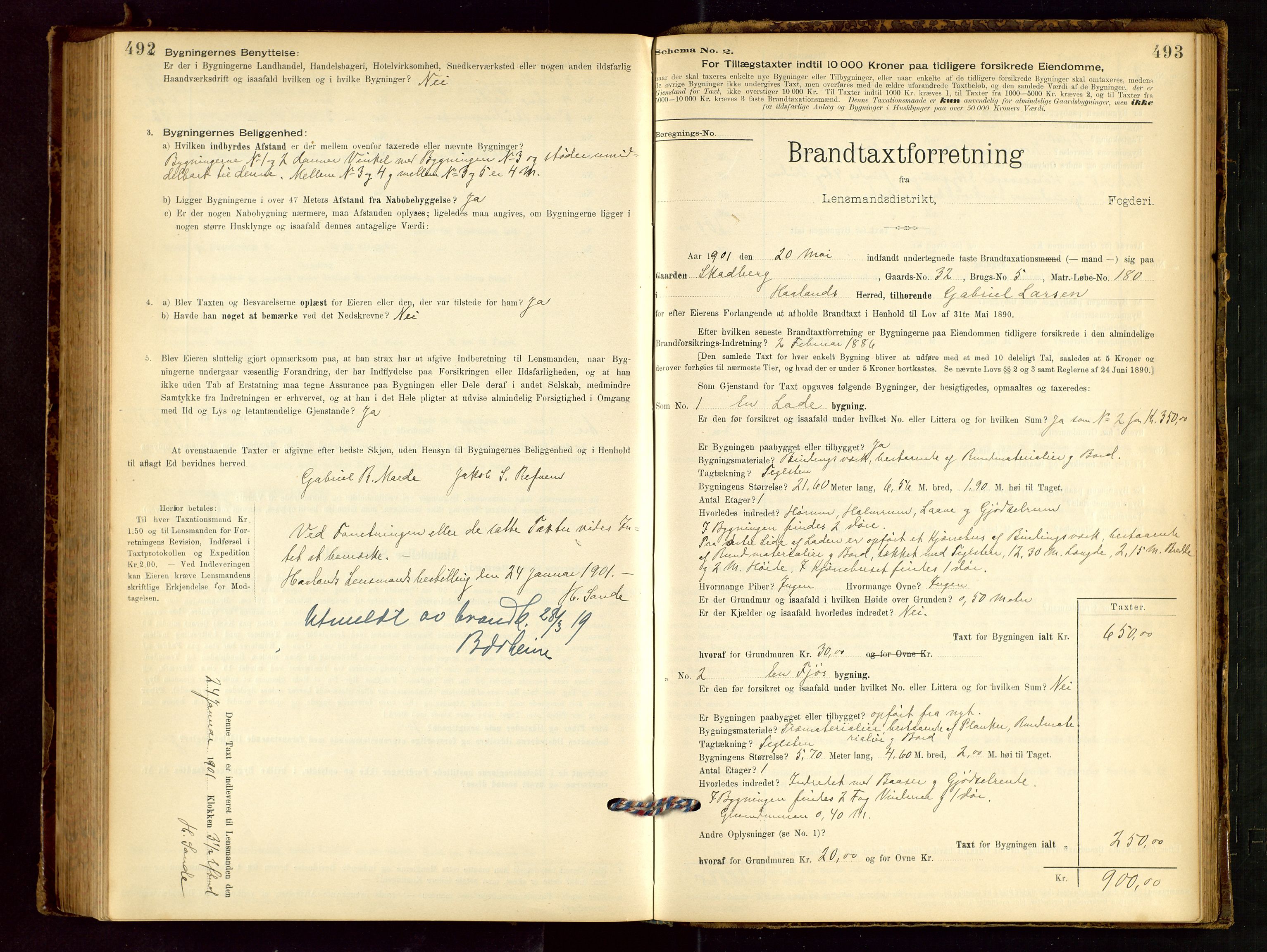 Håland lensmannskontor, AV/SAST-A-100100/Gob/L0001: Branntakstprotokoll - skjematakst. Register i boken., 1894-1902, p. 492-493