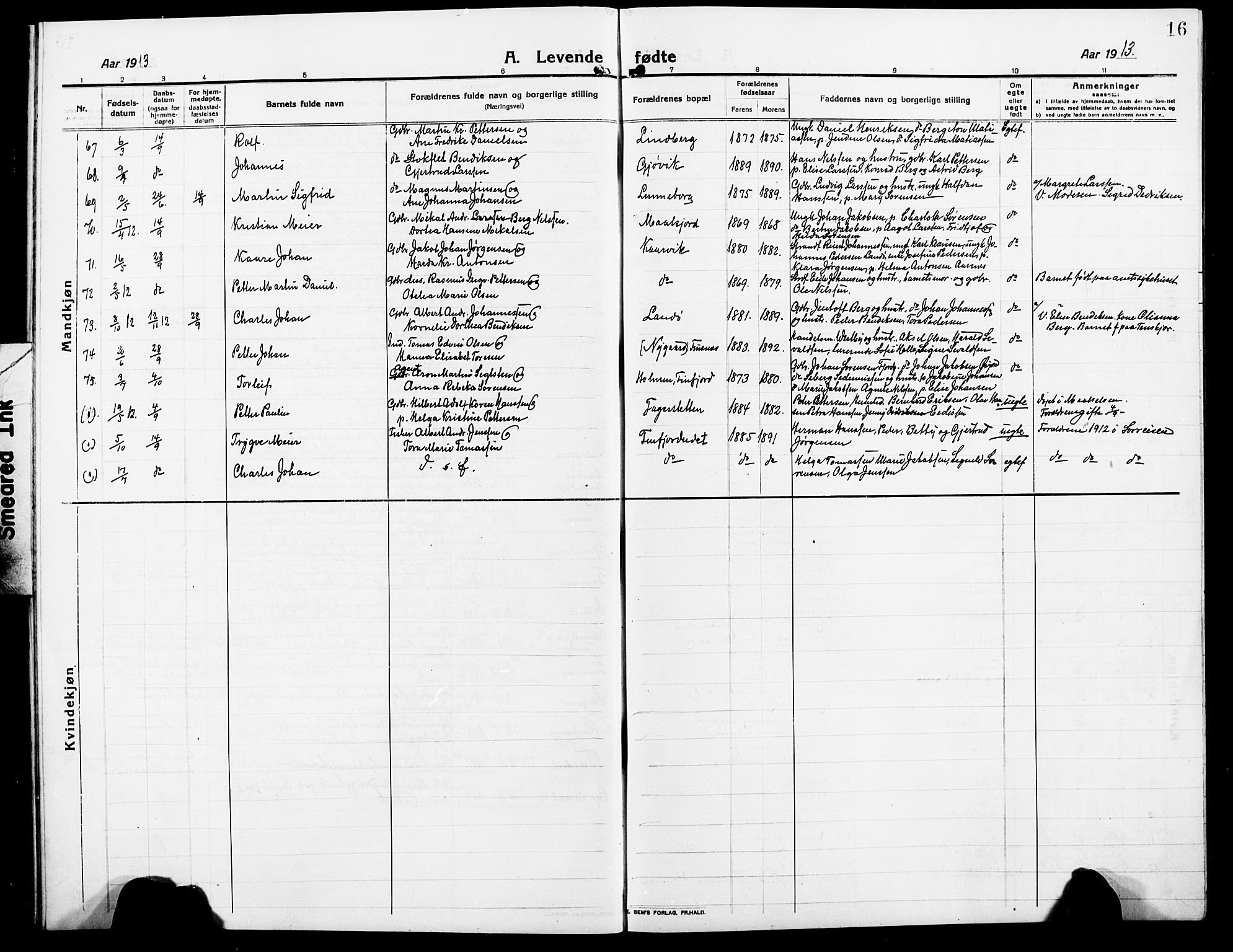 Lenvik sokneprestembete, AV/SATØ-S-1310/H/Ha/Hab/L0009klokker: Parish register (copy) no. 9, 1912-1926, p. 16