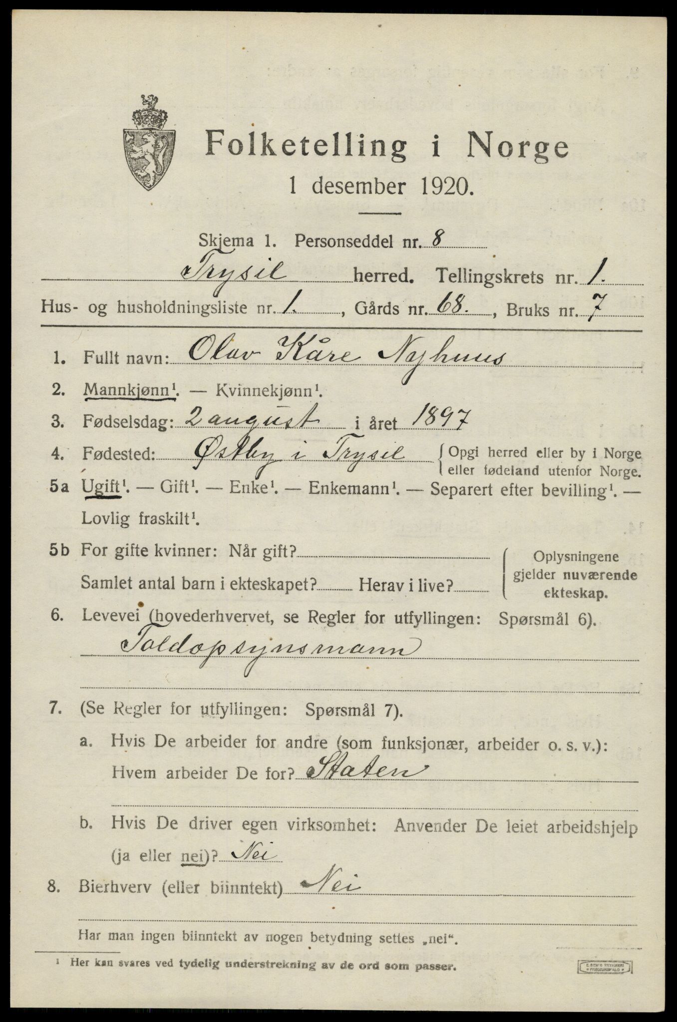 SAH, 1920 census for Trysil, 1920, p. 2551