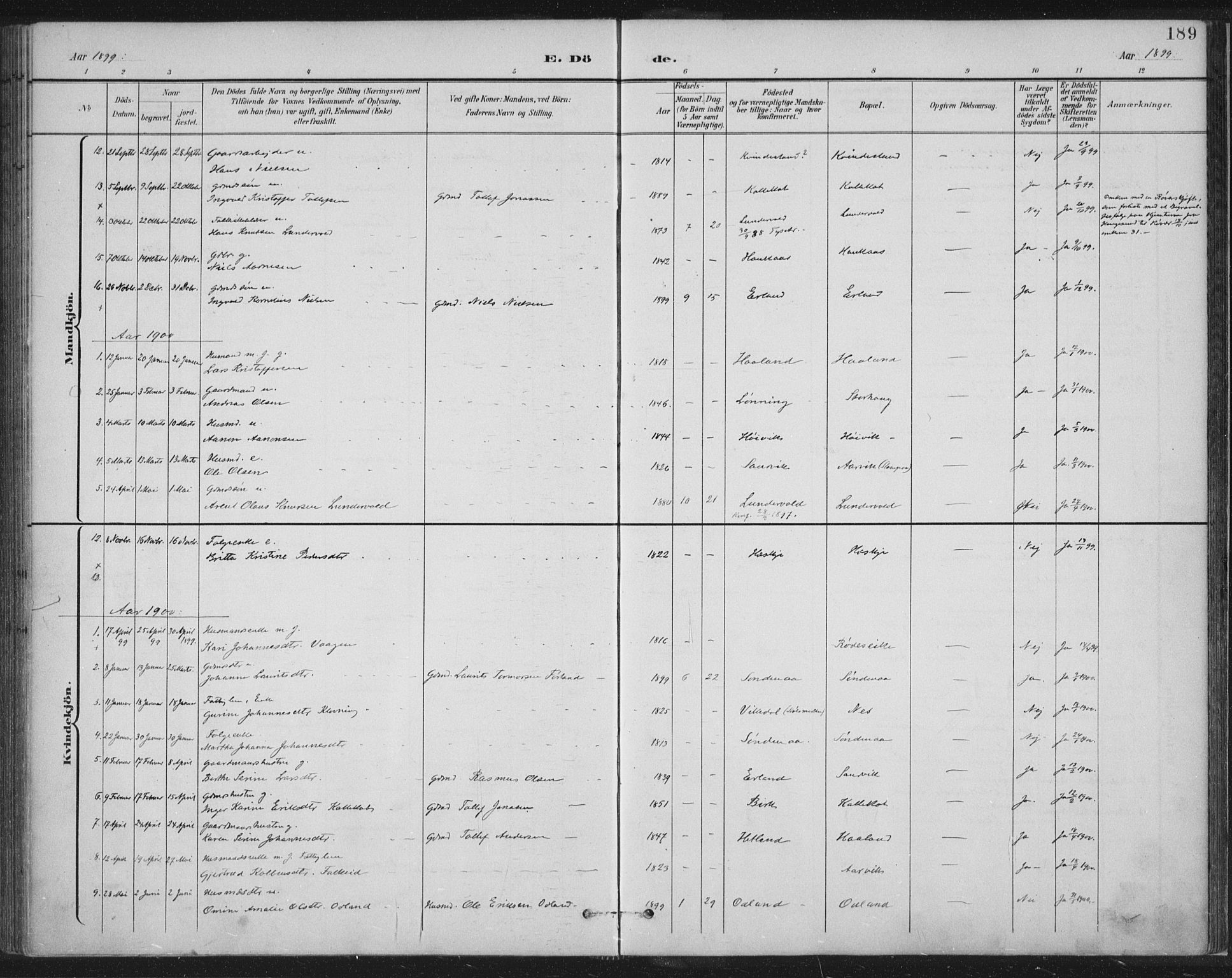 Tysvær sokneprestkontor, SAST/A -101864/H/Ha/Haa/L0008: Parish register (official) no. A 8, 1897-1918, p. 189