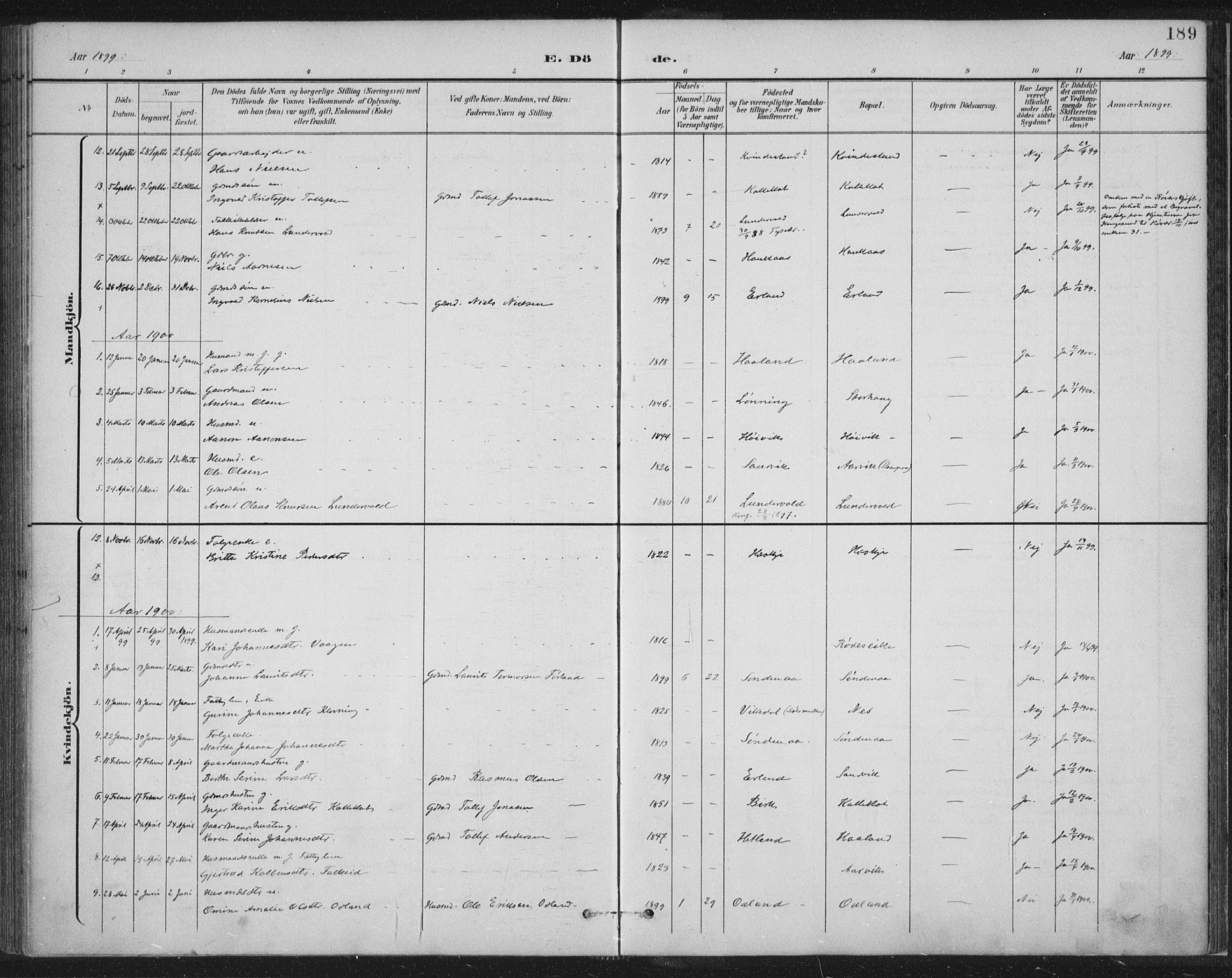 Tysvær sokneprestkontor, AV/SAST-A -101864/H/Ha/Haa/L0008: Parish register (official) no. A 8, 1897-1918, p. 189