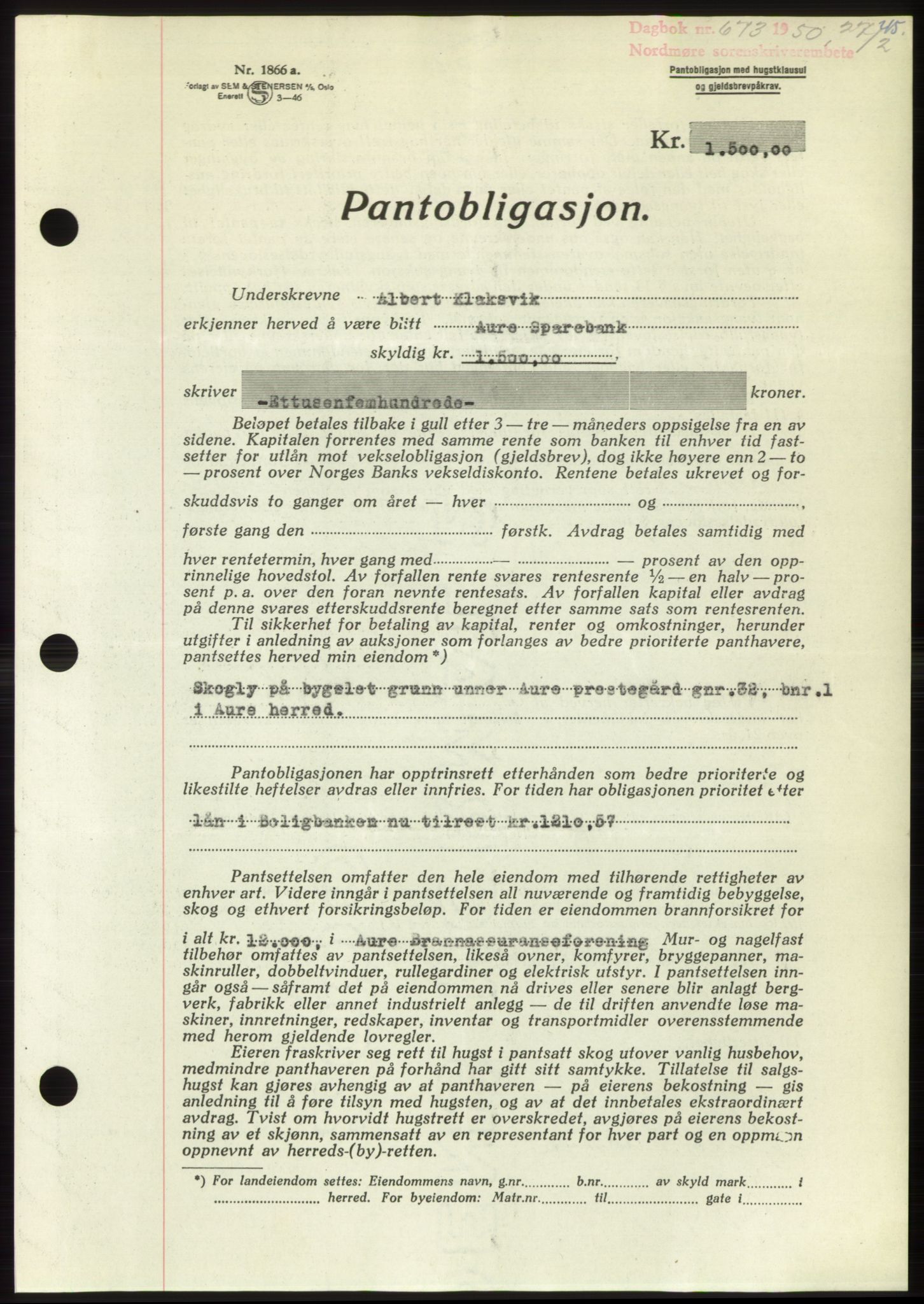 Nordmøre sorenskriveri, AV/SAT-A-4132/1/2/2Ca: Mortgage book no. B104, 1950-1950, Diary no: : 673/1950