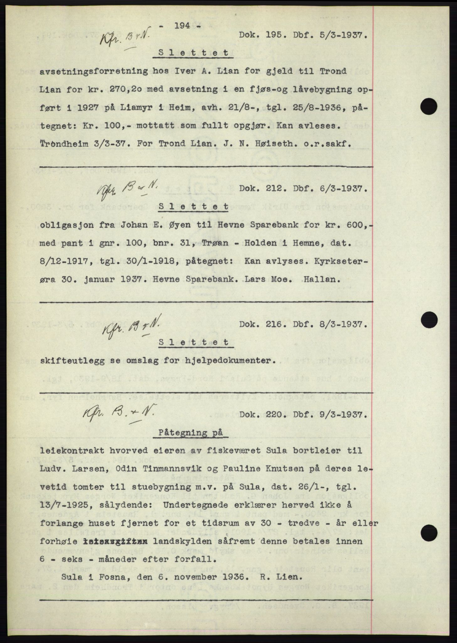 Hitra sorenskriveri, AV/SAT-A-0018/2/2C/2Ca: Mortgage book no. C1, 1936-1945, Diary no: : 195/1937