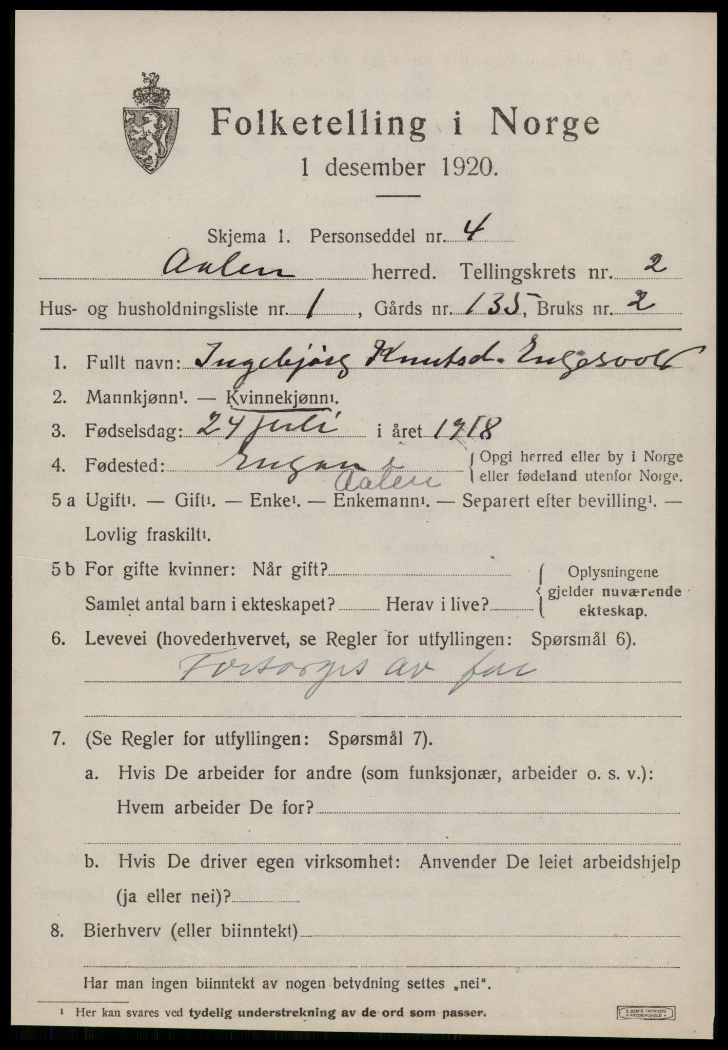 SAT, 1920 census for Ålen, 1920, p. 1208