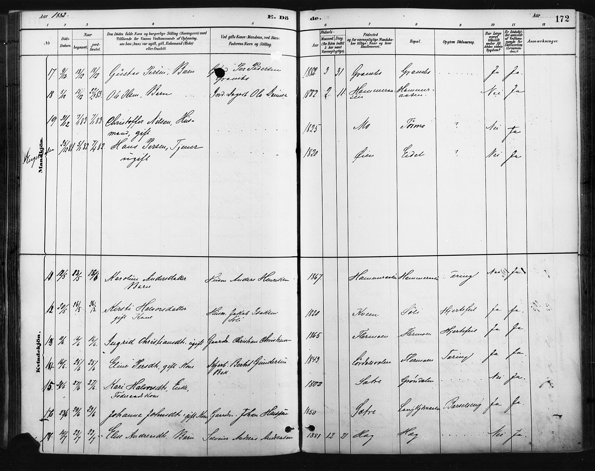 Trysil prestekontor, AV/SAH-PREST-046/H/Ha/Haa/L0009: Parish register (official) no. 9, 1881-1897, p. 172