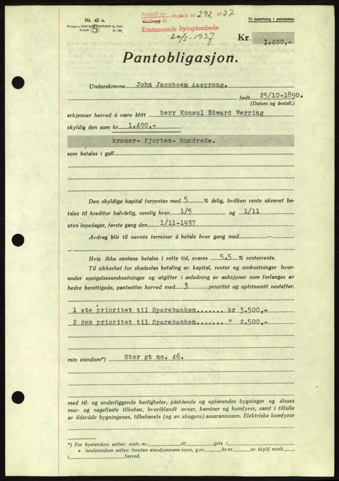 Kristiansund byfogd, AV/SAT-A-4587/A/27: Mortgage book no. 29, 1936-1937, Diary no: : 292/1937