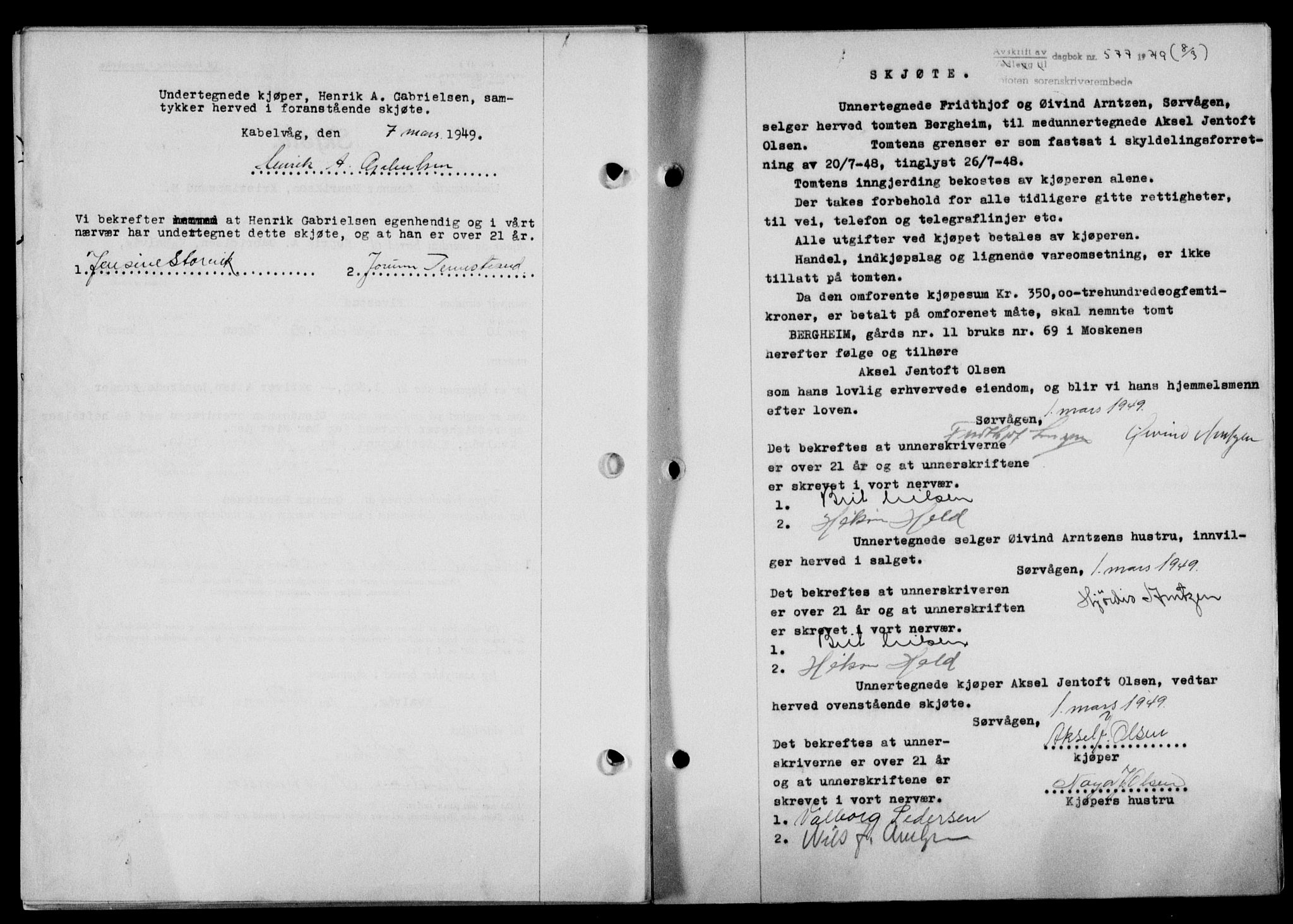 Lofoten sorenskriveri, SAT/A-0017/1/2/2C/L0020a: Mortgage book no. 20a, 1948-1949, Diary no: : 577/1949