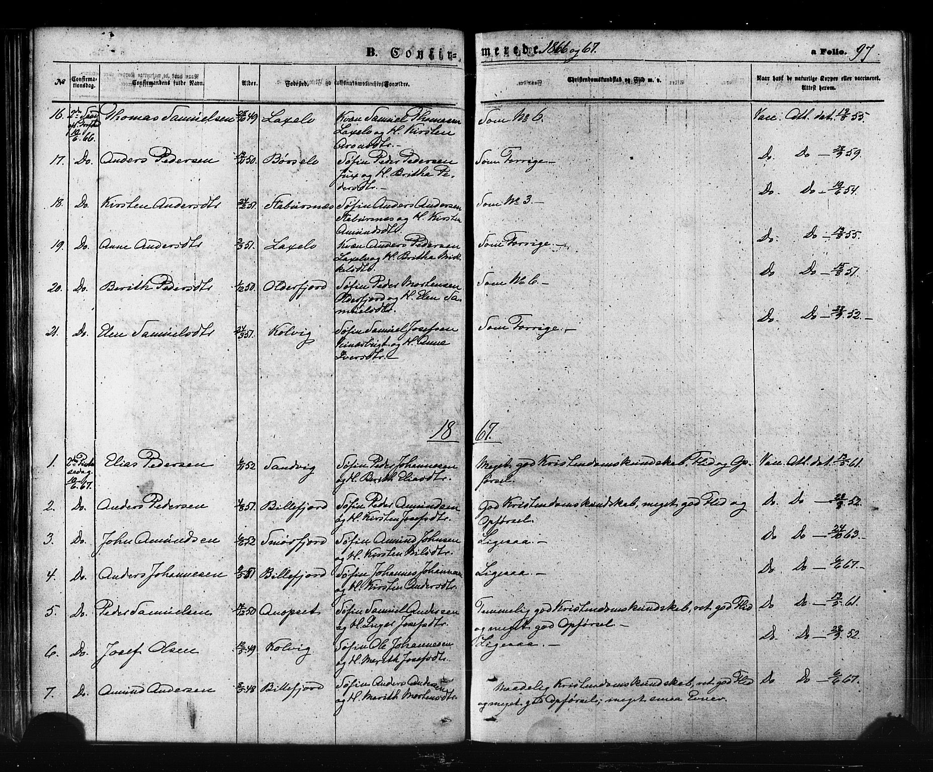 Kistrand/Porsanger sokneprestembete, AV/SATØ-S-1351/H/Ha/L0005.kirke: Parish register (official) no. 5, 1860-1874, p. 97