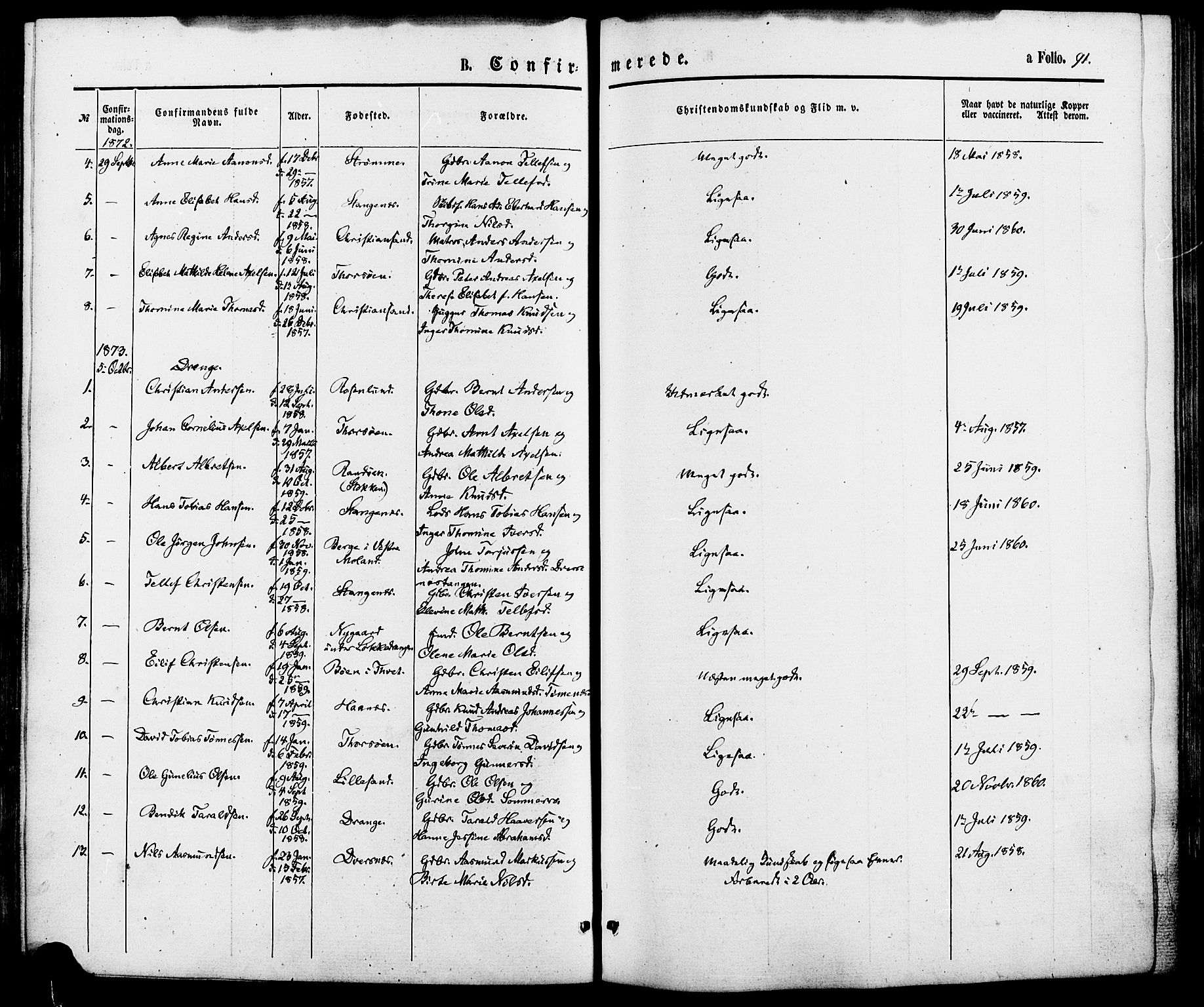 Oddernes sokneprestkontor, AV/SAK-1111-0033/F/Fa/Fab/L0001: Parish register (official) no. A 1, 1865-1884, p. 91