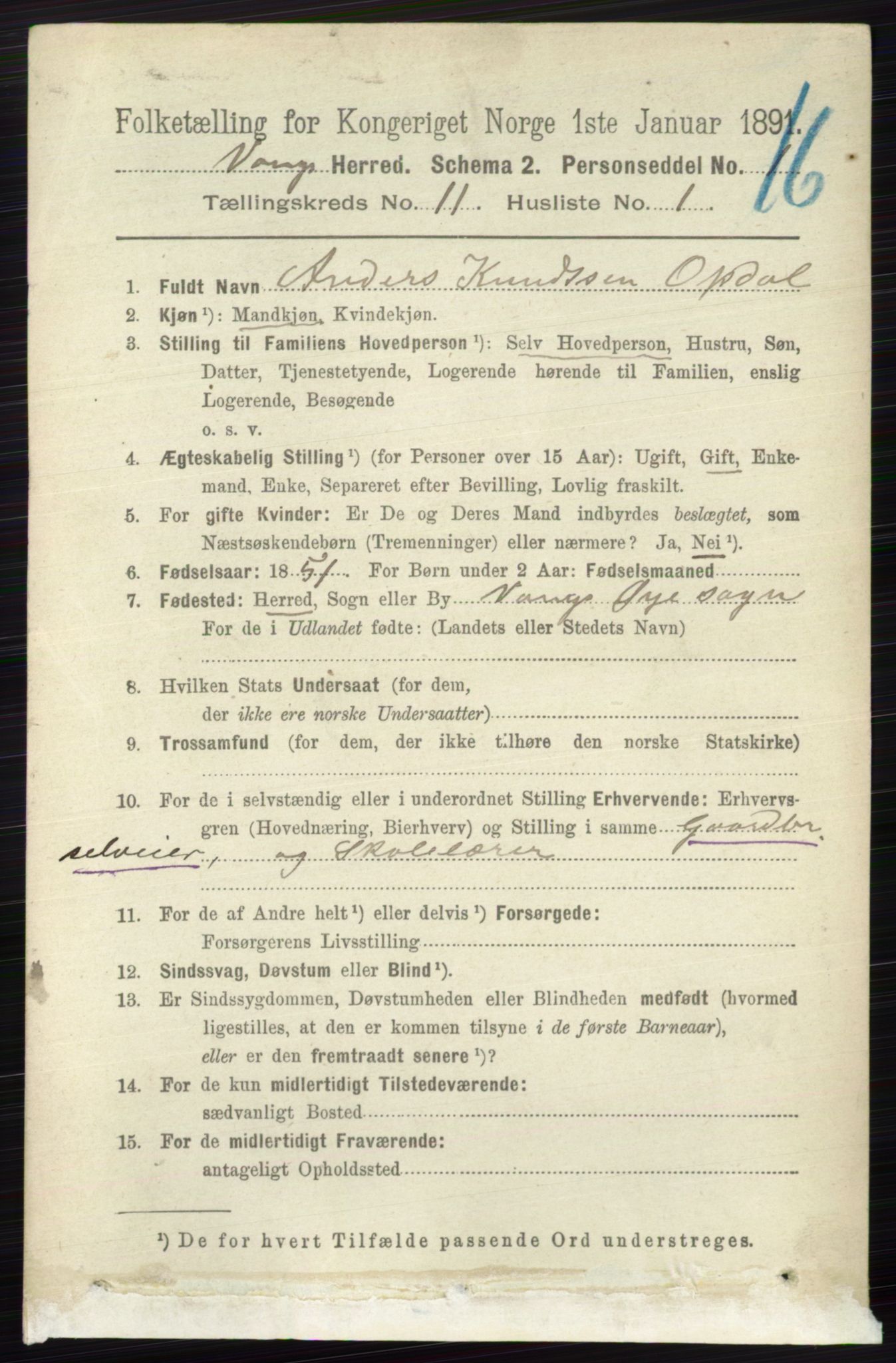 RA, 1891 census for 0545 Vang, 1891, p. 2397