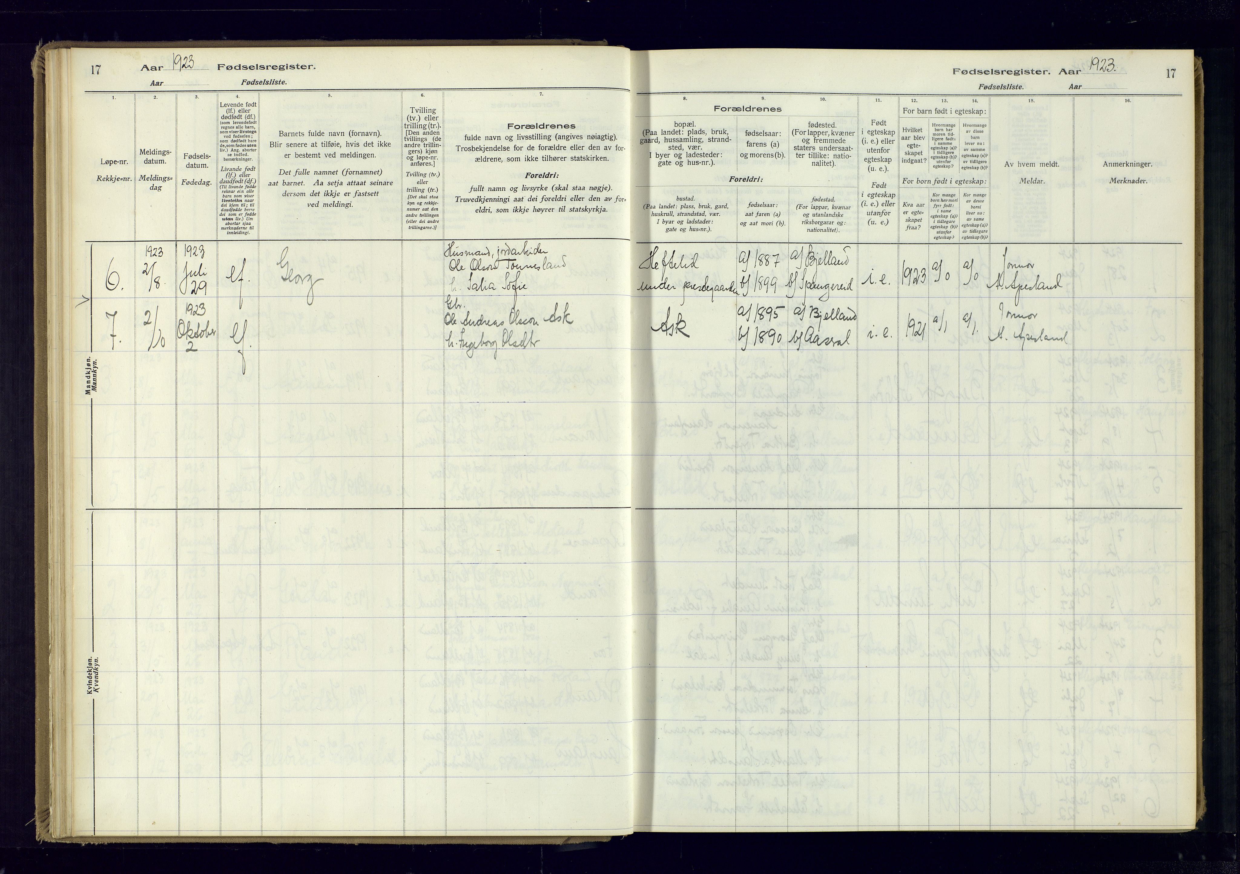 Bjelland sokneprestkontor, SAK/1111-0005/J/Ja/L0001: Birth register no. II.4.2, 1916-1982, p. 17