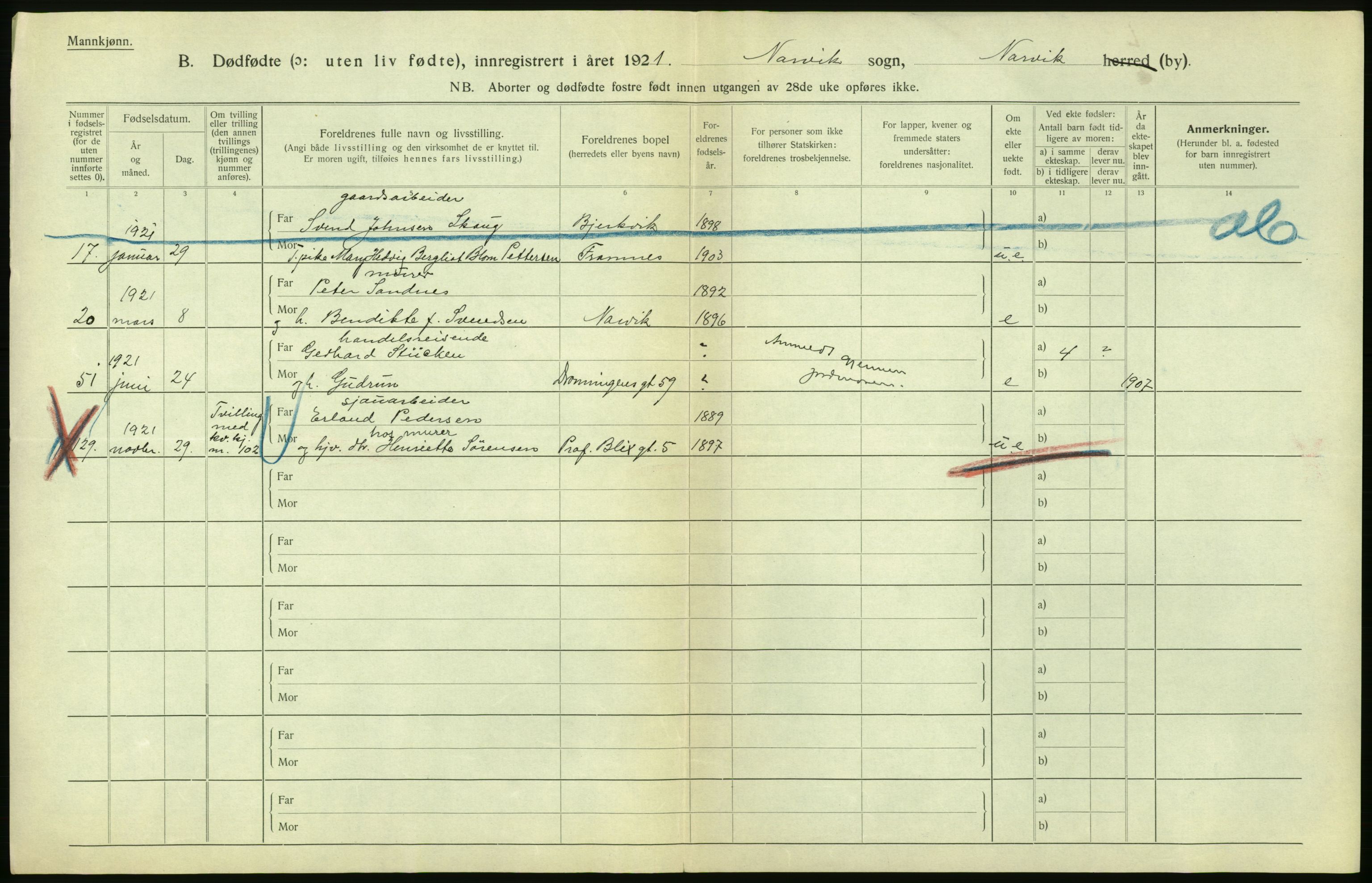 Statistisk sentralbyrå, Sosiodemografiske emner, Befolkning, AV/RA-S-2228/D/Df/Dfc/Dfca/L0050: Nordland fylke: Levendefødte menn og kvinner. Byer. Samt gifte, dødfødte. Bygder og byer., 1921, p. 416