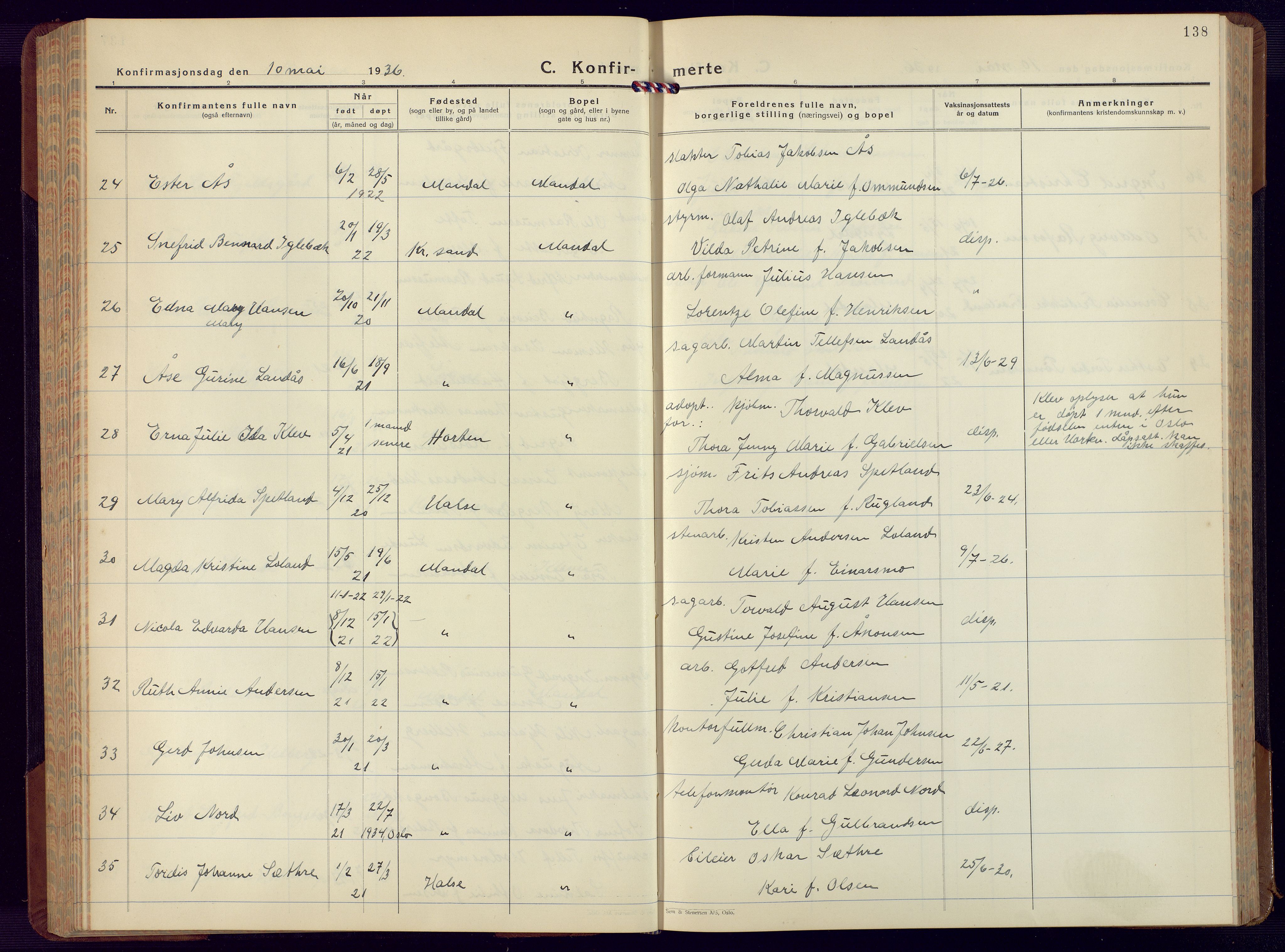 Mandal sokneprestkontor, SAK/1111-0030/F/Fb/Fbc/L0002: Parish register (copy) no. B 2, 1931-1949, p. 138