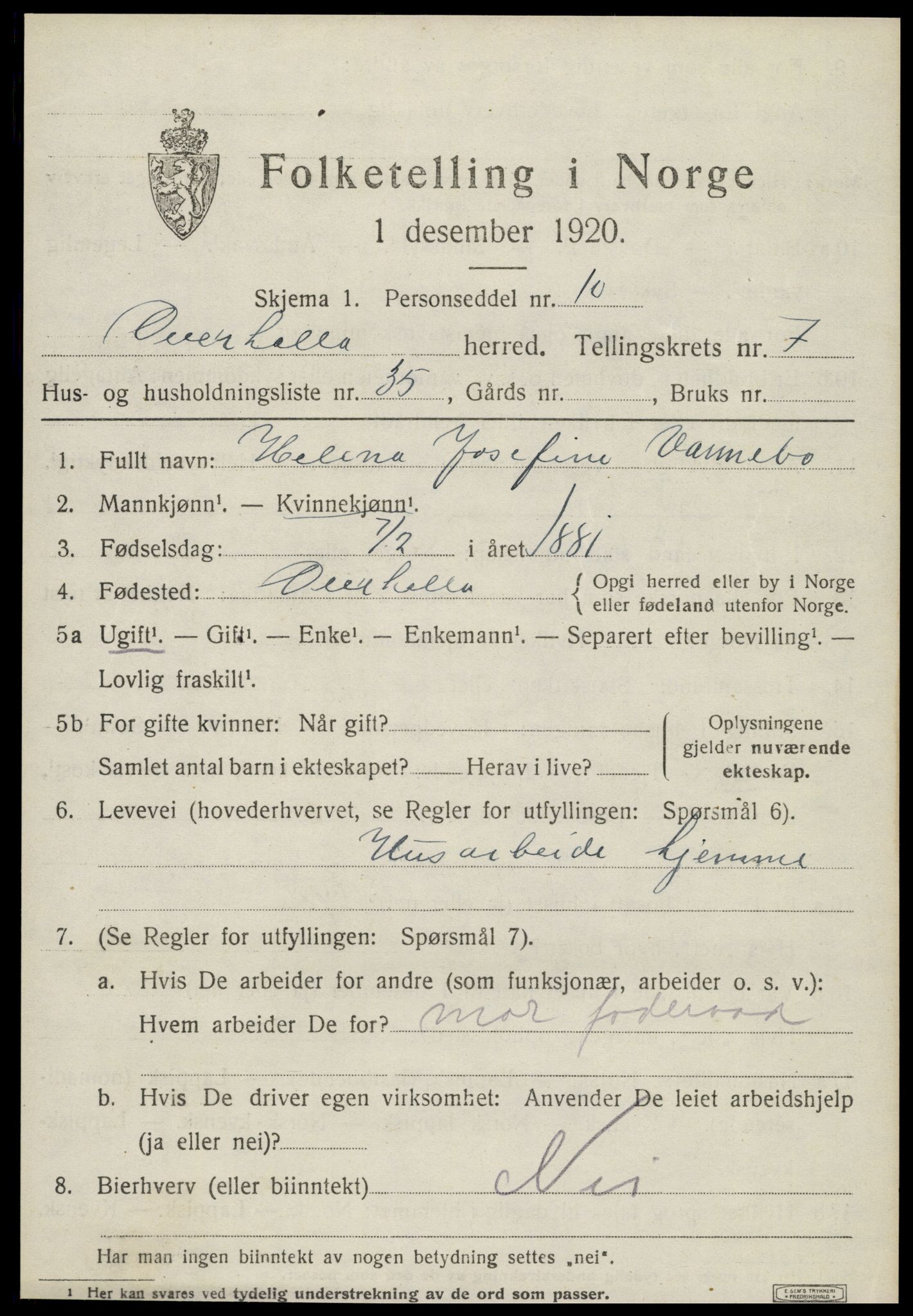 SAT, 1920 census for Overhalla, 1920, p. 5384